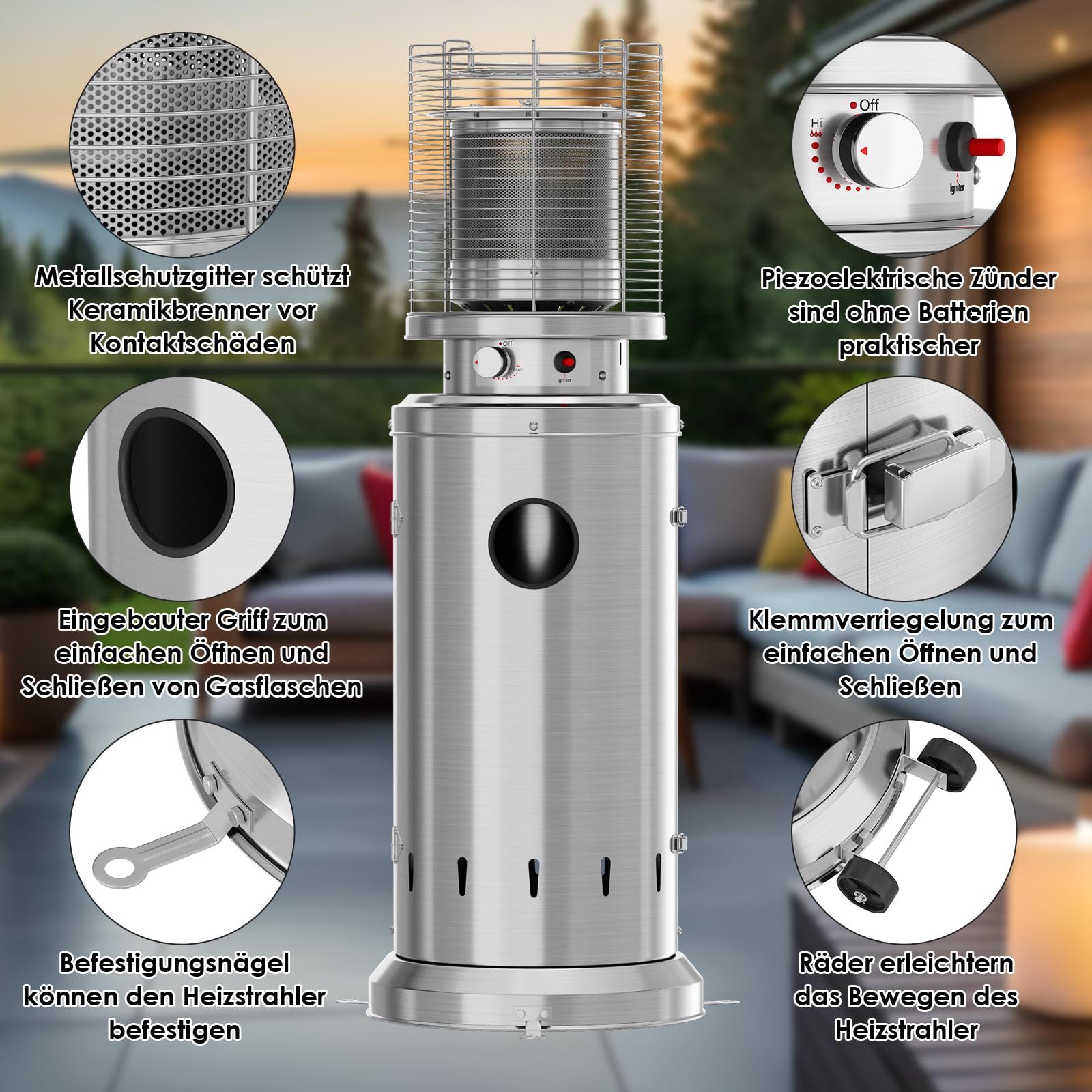 TLSUNNY Heizstrahler Terrasse, mit Schutzhülle und Piezoelektrische Zündung | Edelstahl Terrassenstrahler mit 2PCS Rädern, Terrassenheizer mit Heringen, 6,5 kW Gas Heizstrahler für Terrasse und Balkon