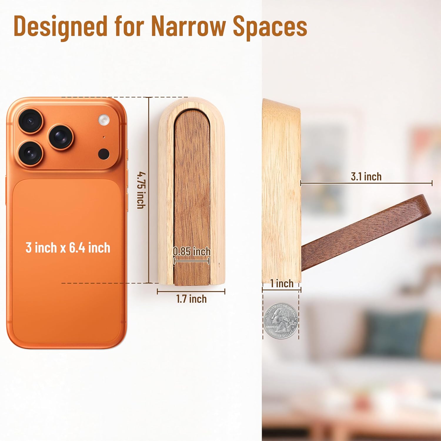 Modern Folding Wall Hooks: Wooden Coat Hooks 3 Pack for Small Space Entryway Behind Doors - Mid Century Decorative Hanger for Hanging Towels Backpacks Bag Hats (Walnut Wood & Rubberwood)