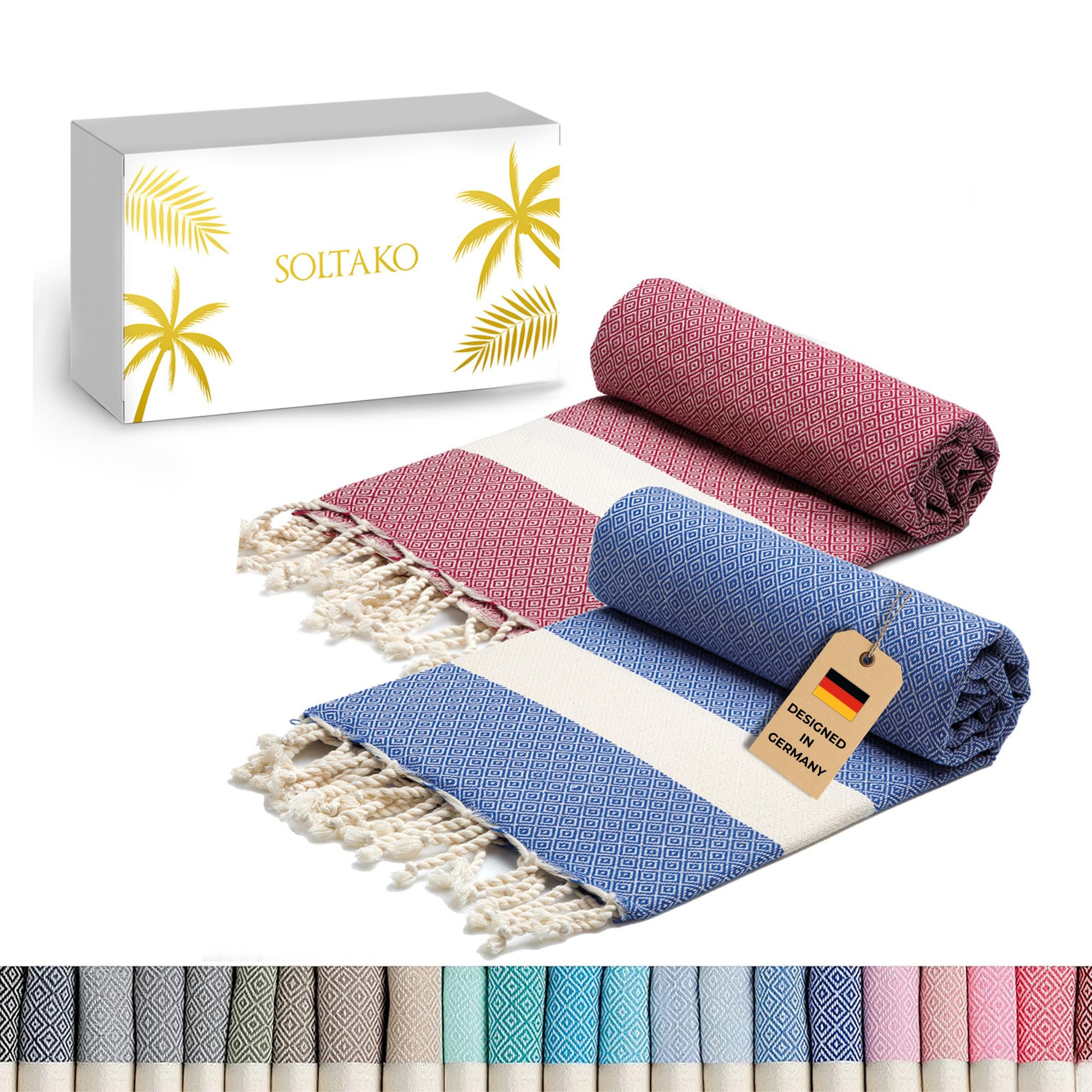 SOLTAKO Premium Hamamtuch Diamant Fouta 2er Set 100x200, Blau/Bordeaux