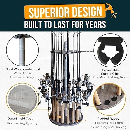 Miniatura 4 de Rush Creek Creations - Soporte redondo de almacenamiento para 16 cañas de pescar, color madera de granero