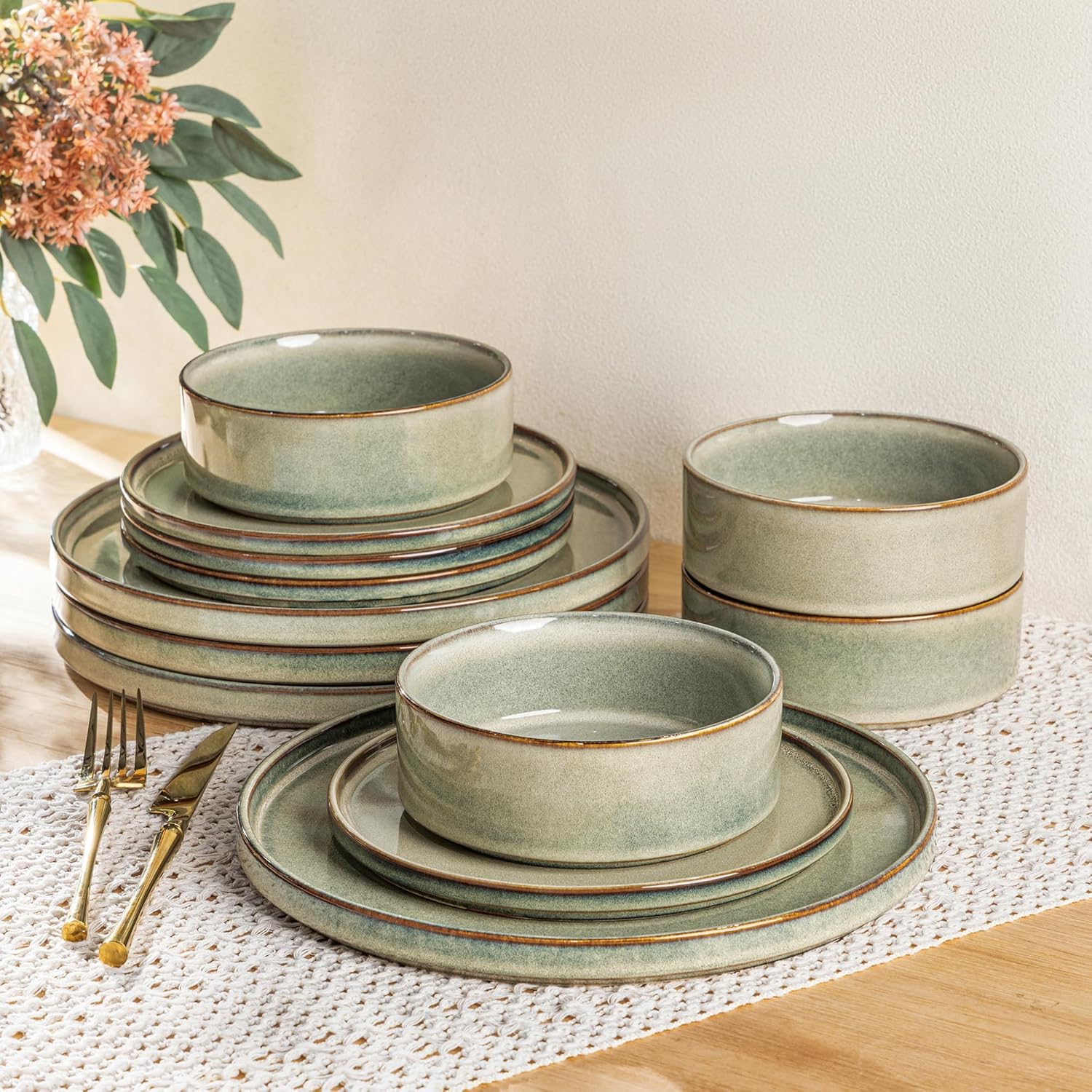 AmorArc Ceramic Dinnerware Sets, Handmade Reactive Glaze Stoneware Plates and Bowls Sets,Highly Chip and Crack Resistant | Dishwasher & Microwave Safe Dishes Set, Service for 4 (12pc)