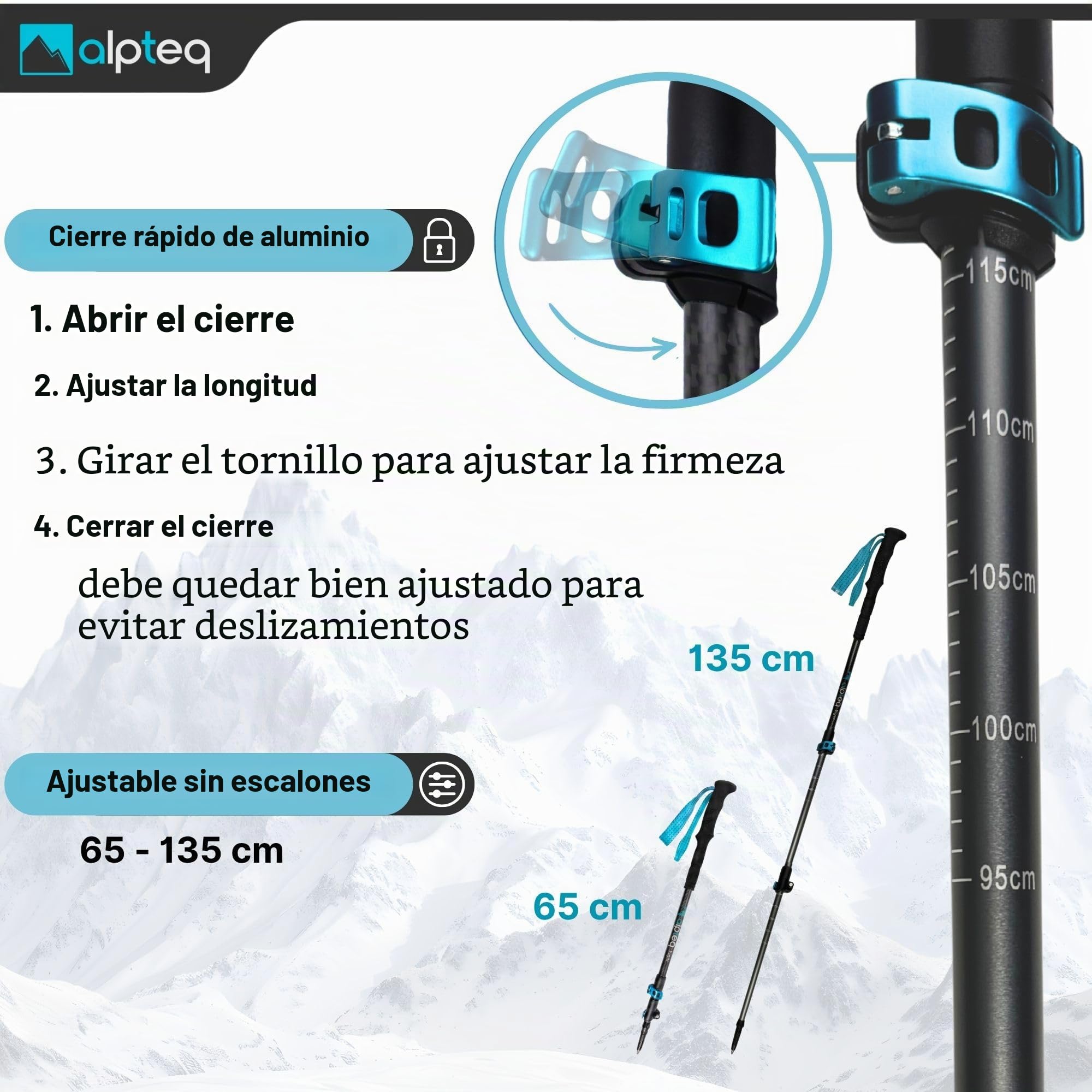 Bastones telescópicos de Carbono y Aluminio con Mango de Corcho y prolongación – Bastones de Trekking ultraligeros para montaña y Marcha nórdica – Ajustables 65–135 cm – Hombre, Mujer y niños