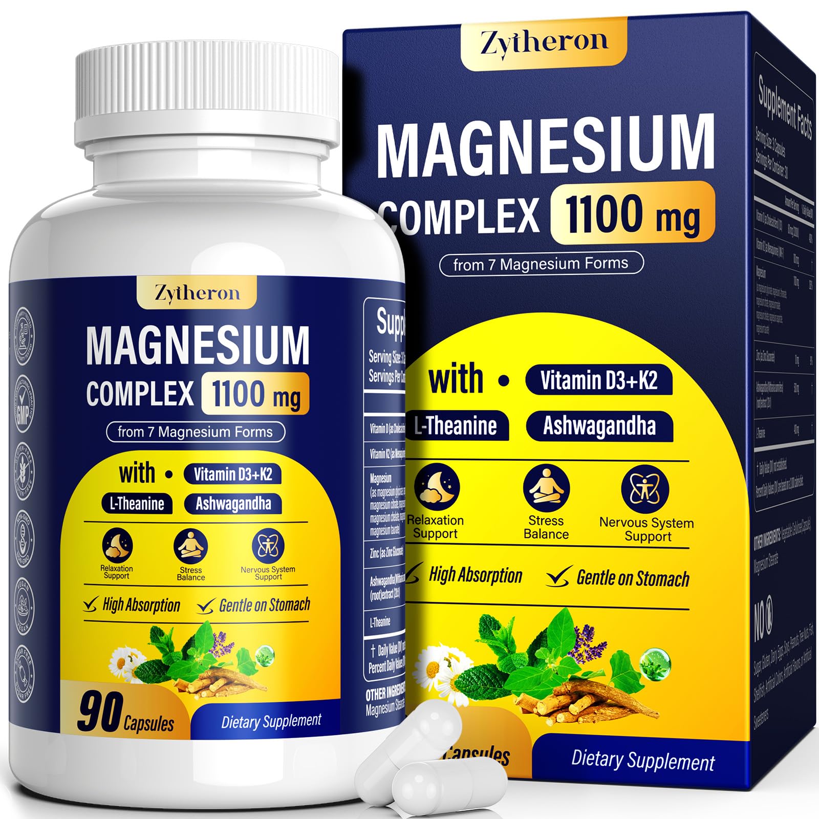 Magnesium Complex for Women & Men 1100mg, 7-in-1 Magnesium Supplement with Ashwagandha & L-Theanine for Calm & Sleep Support, High Absorption, Vegan 90 Capsules 90 Count (Pack of 1)