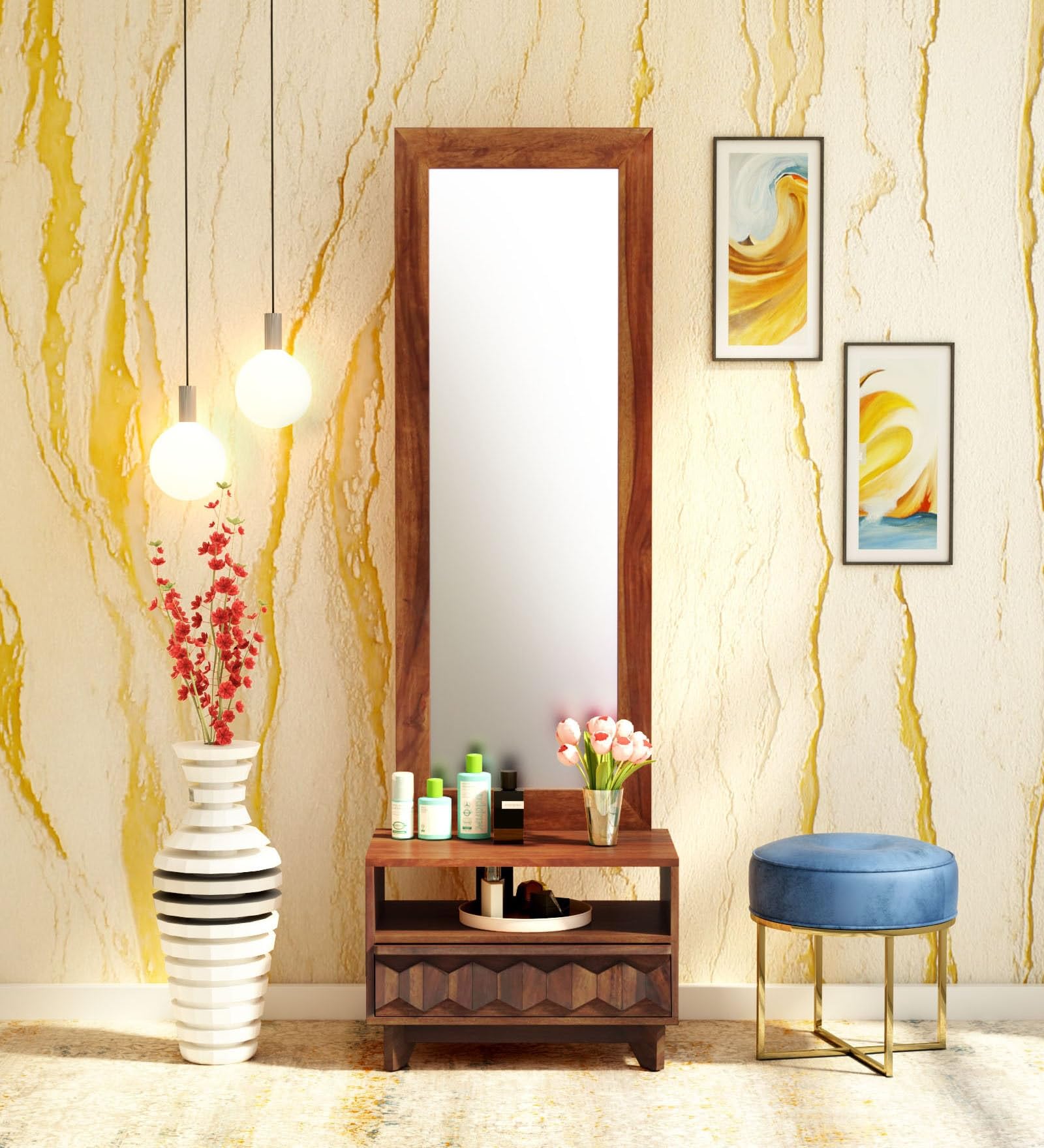 Wood Dressing Table with Mirror and Storage, Dressing Table Bedroom Furniture, Dressing with Drawer, Makeup Vanity Dressing Table,Wooden Dressing Table,Decorative Dresser,Natural Finish-picture-34