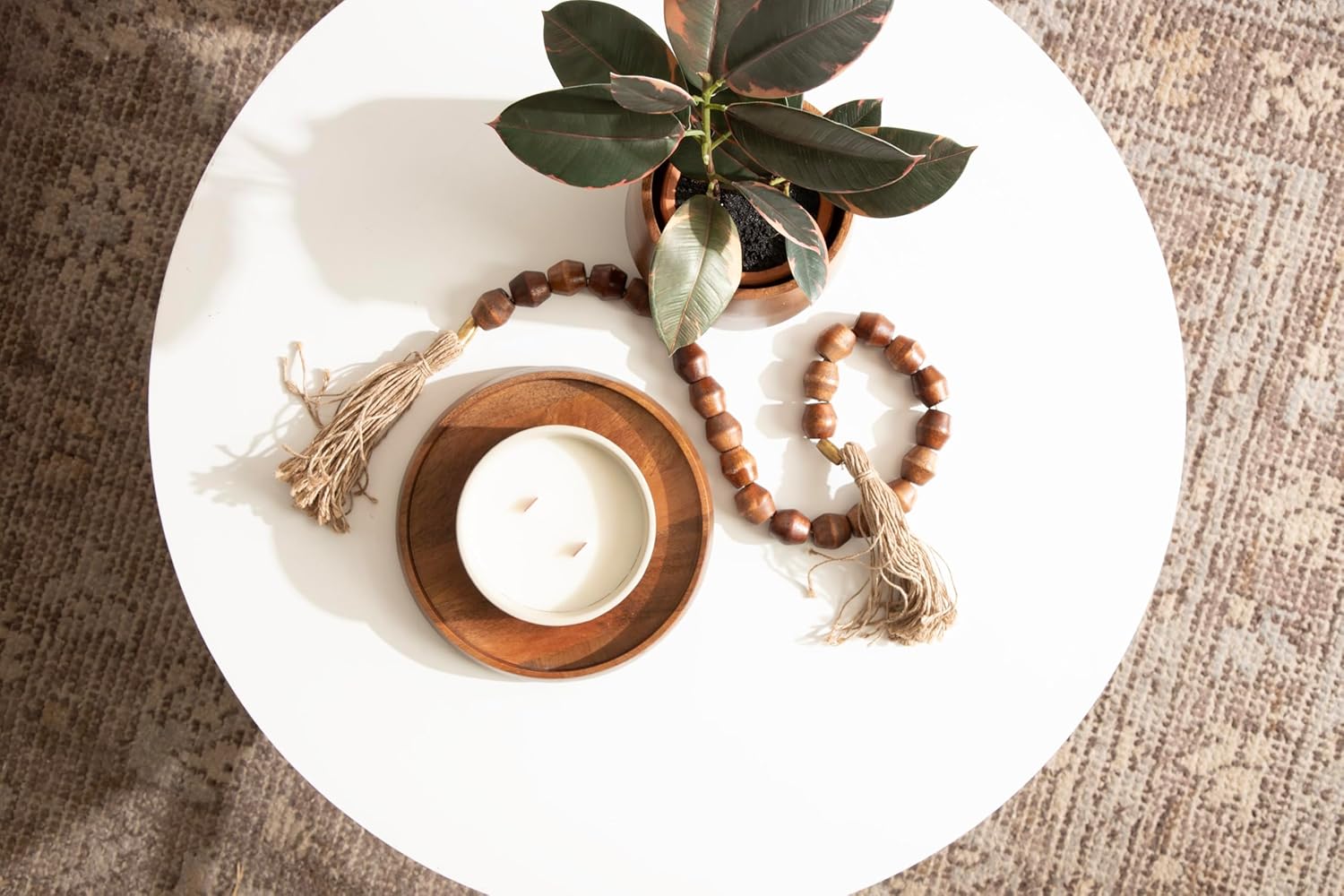 Kate and Laurel Anaya Wooden Three-Piece Decor Accent Set; Walnut Brown; Set of 3; Modern Tabletop Decor Set including Planter Pot; Accent Tray; and Beaded Rope