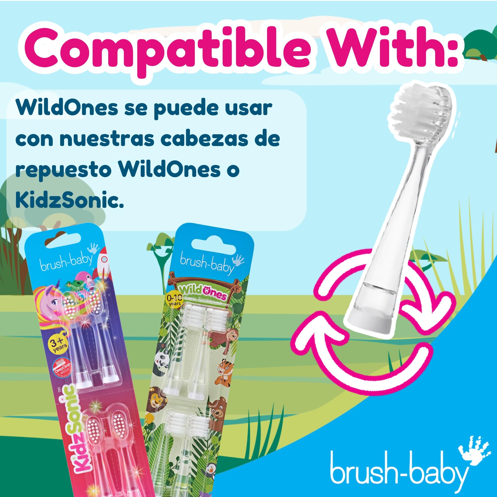 Brush-Baby WildOnes Cepillo de dientes eléctrico recargable para niños, elefante, 1 mango, 3 cabezales, cable de carga USB, para edades 0-10 (elefante)