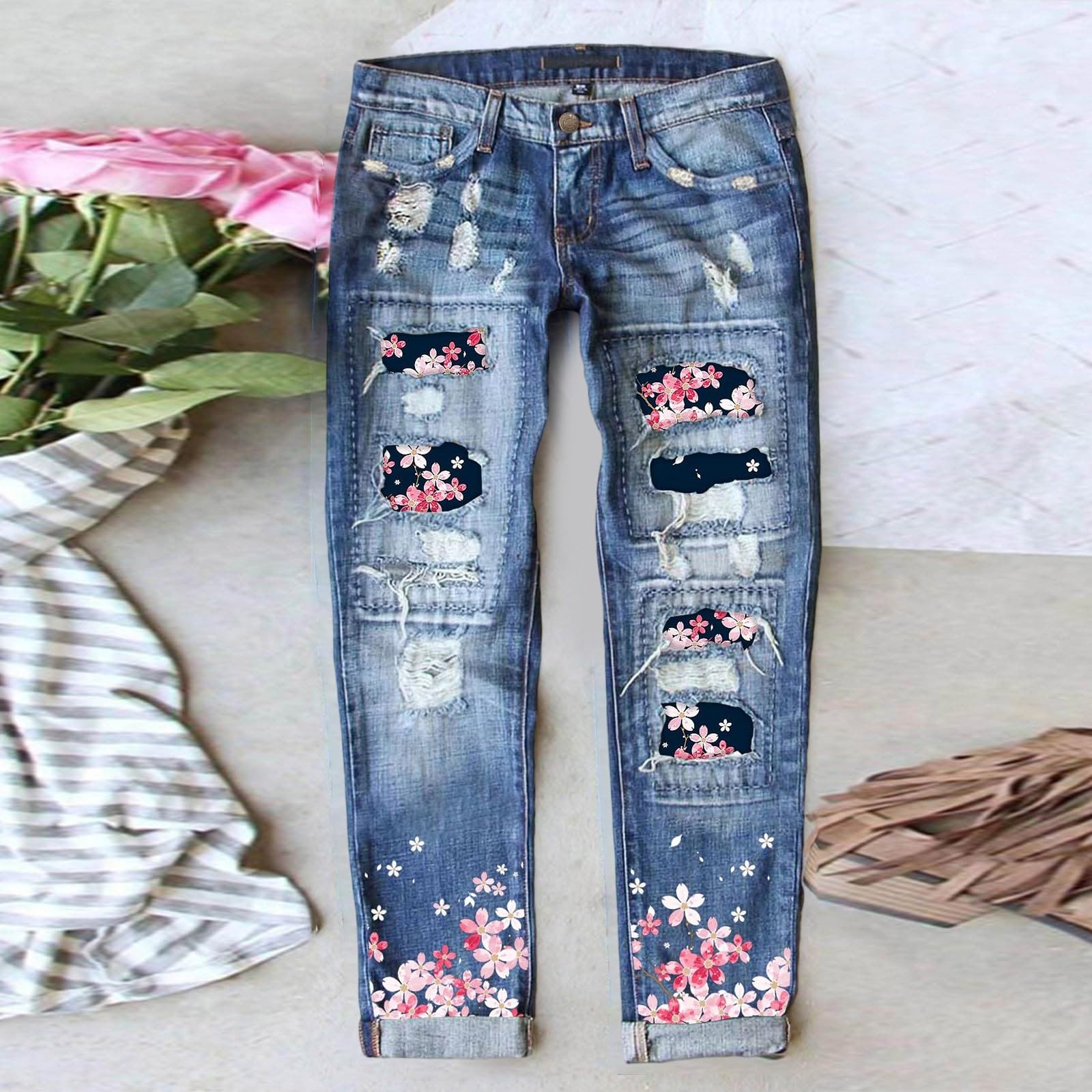 Jeggings Damen Stretch High Waist Damen-Jeans Mit Kariertem Aufnäher, Zerrissen, Used-Look, Skinny-Jeans Loch, Zerrissene Jeans Für Damen, Karierter Aufnäher 46 Damenjeans Gerades Bein