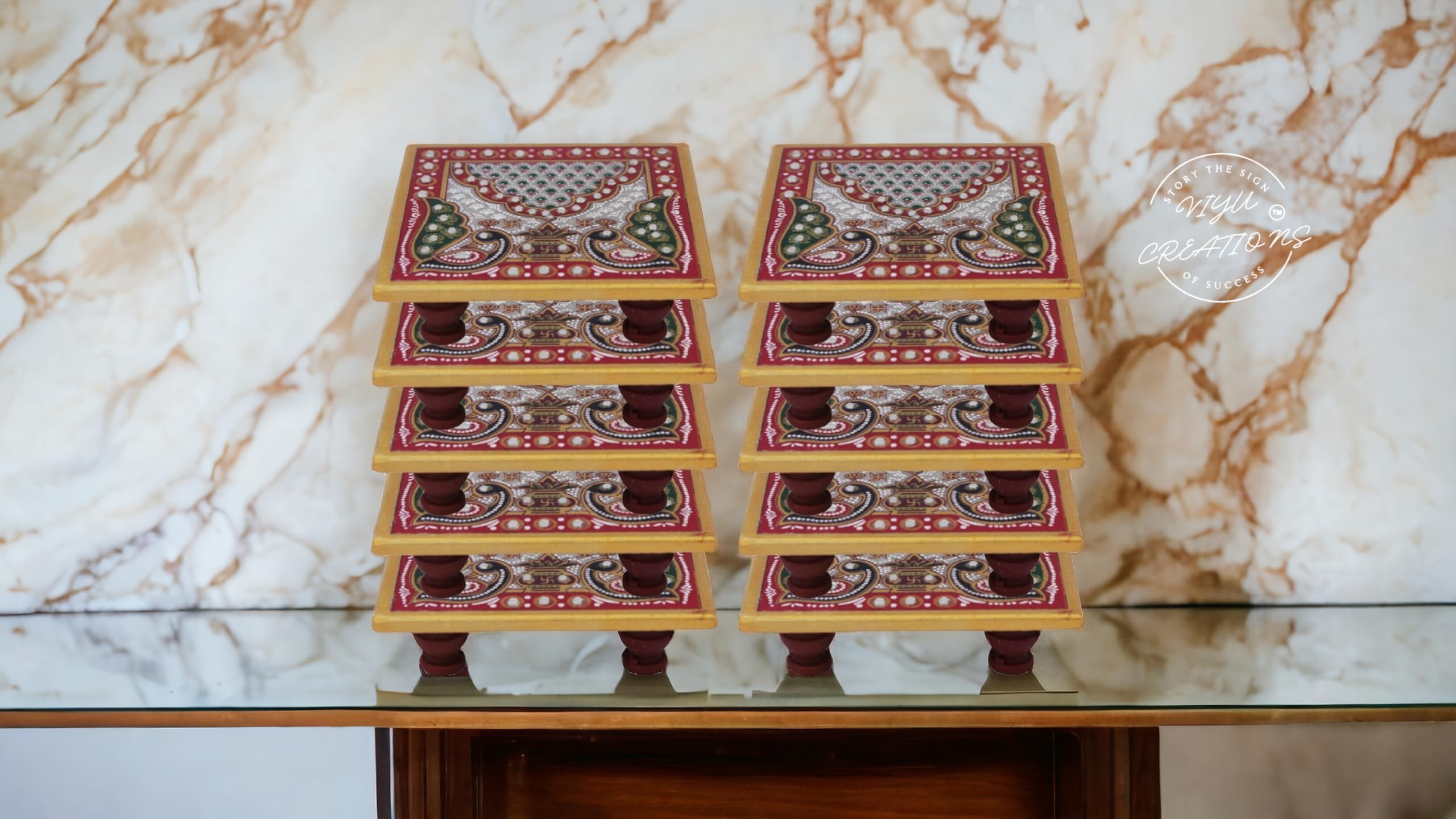 VIYU CREATIONS Marble Chowki Set of 10 with Peacock Design Aasan for Puja (4x4 inch, Multicolor),Medium