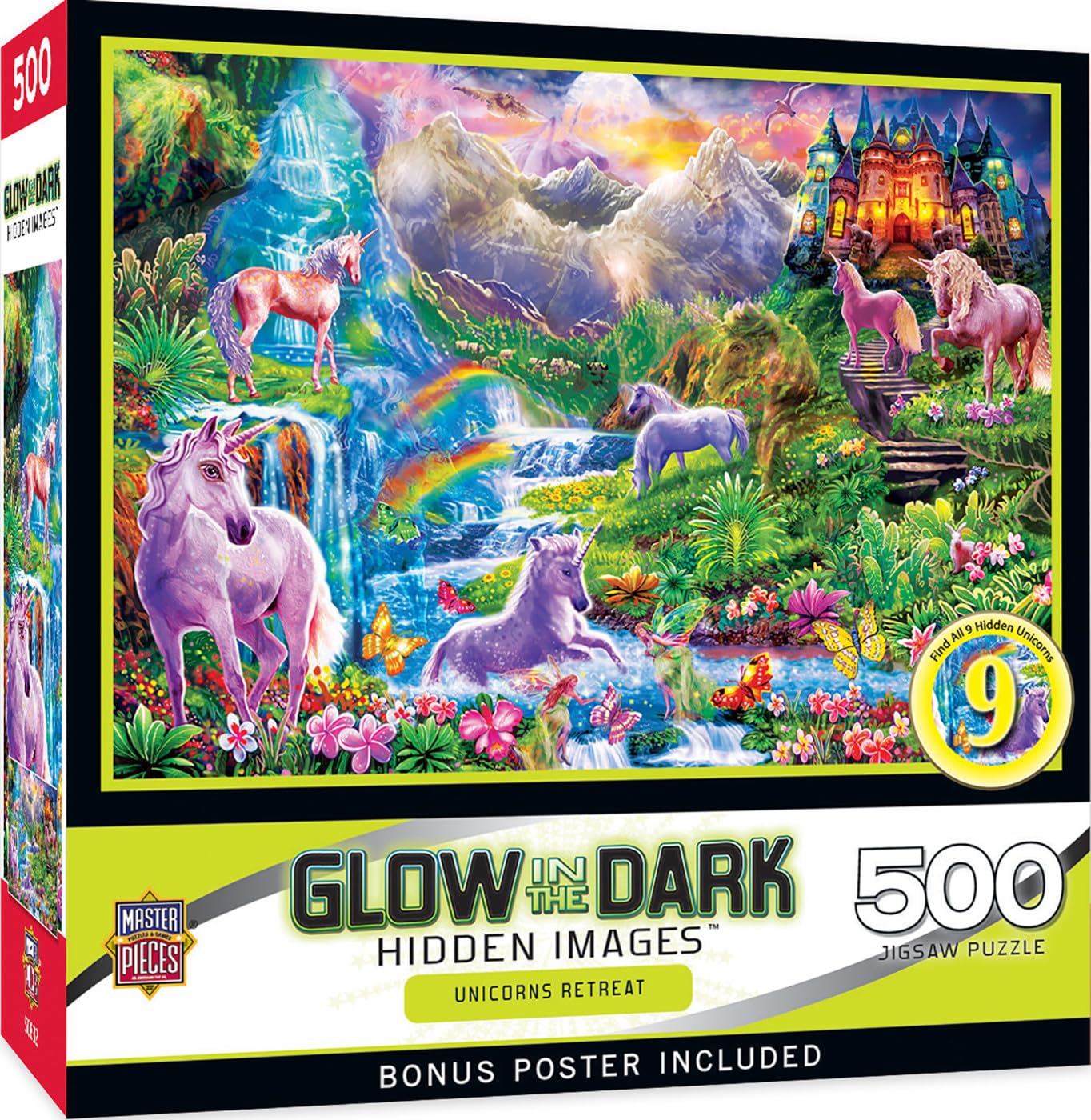 500 Piece Jigsaw Puzzle, Glows in the Dark, Hidden Images, Unicorns Retreat, Fun for Adults, Family, Kids, 15" x 21"