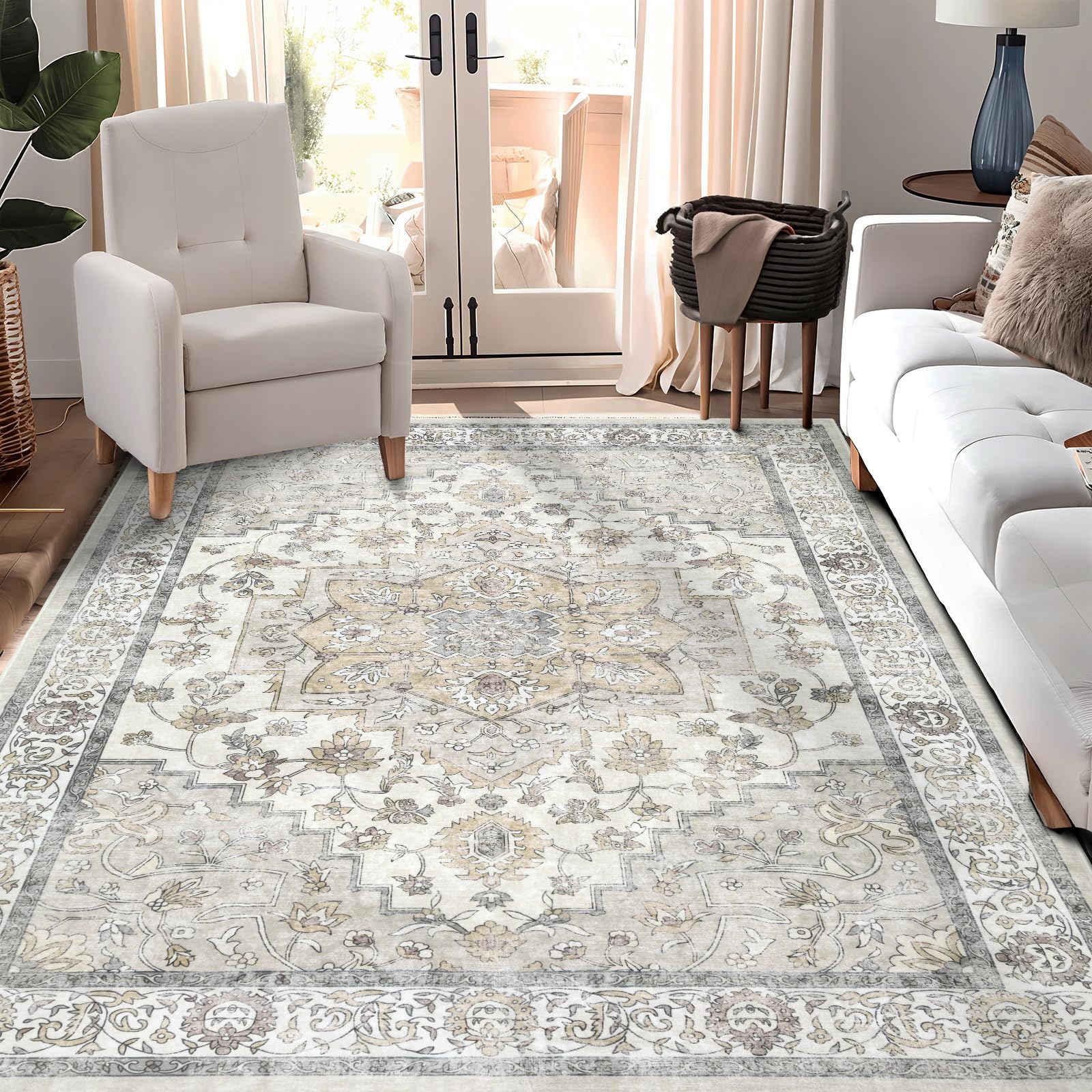Dotiiorug Boho Washable Area Rug for Living Room,5x7 Low Pile Non Slip Carpet Kitchen Dining Room Soft Indoor Stain Resistant Bedroom Rug Non-Shedding