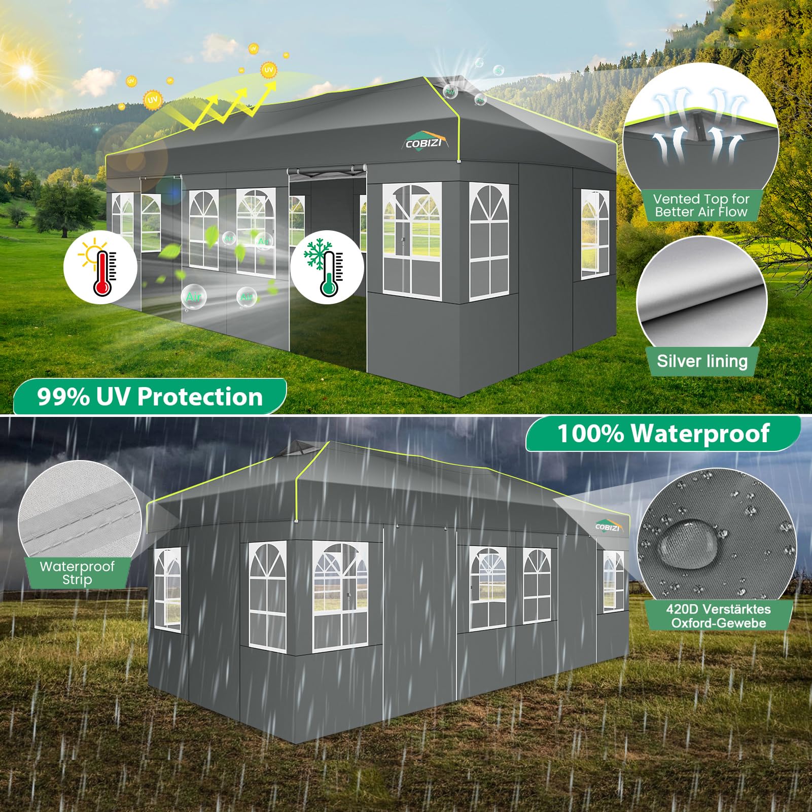 COBIZI Faltpavillon 3x6 Pavillon wasserdicht Winterfest, EIN-Tasten-Zentralverriegelung Partyzelt Faltbar Anti-UV mit Fluoreszierenden Streifen, 6 Seitenwänden, Gartenpavillon für Hochzeiten, Freien