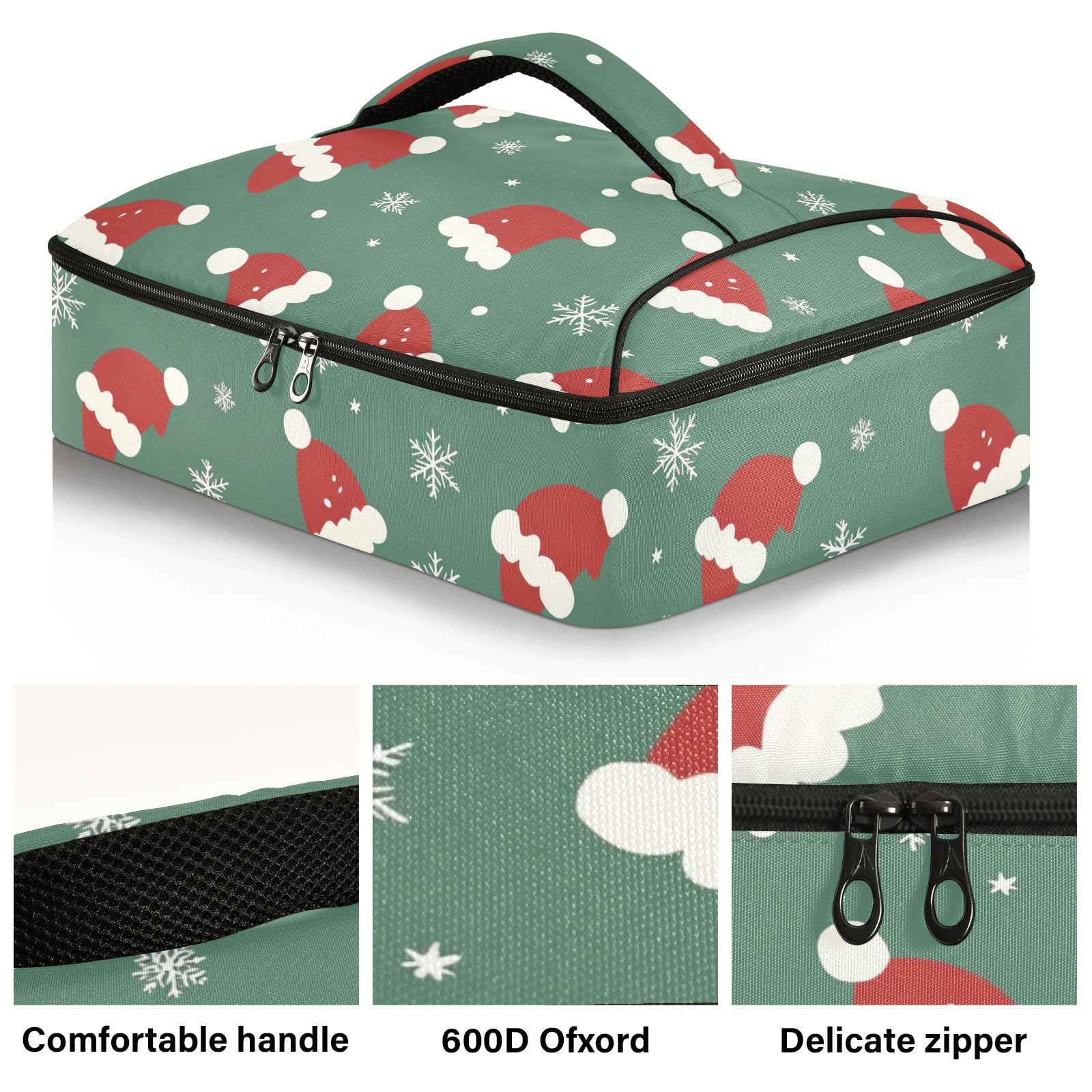 BOESI Doodle Santa Hat Pattern Insulated Casserole Dish Bag Lunch Bag Insulated Insulated Food Bag Reusable for Holding Hot and Cold Food Suitable for Potluck Parties/Picnics/Cookouts