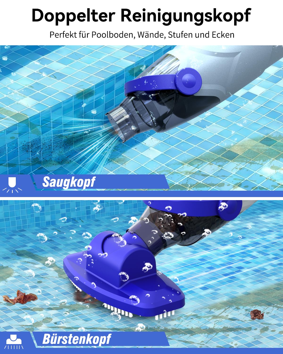 Akku Poolsauger mit 36,8 kPa Saugleistung, 5000 mAh Akku, 60 Min Laufzeit, 18 GPM, 2 Saugmodi, 300/500 μm Filter, Steckstange bis 1,85 m (max. Länge), für Pool & Spa