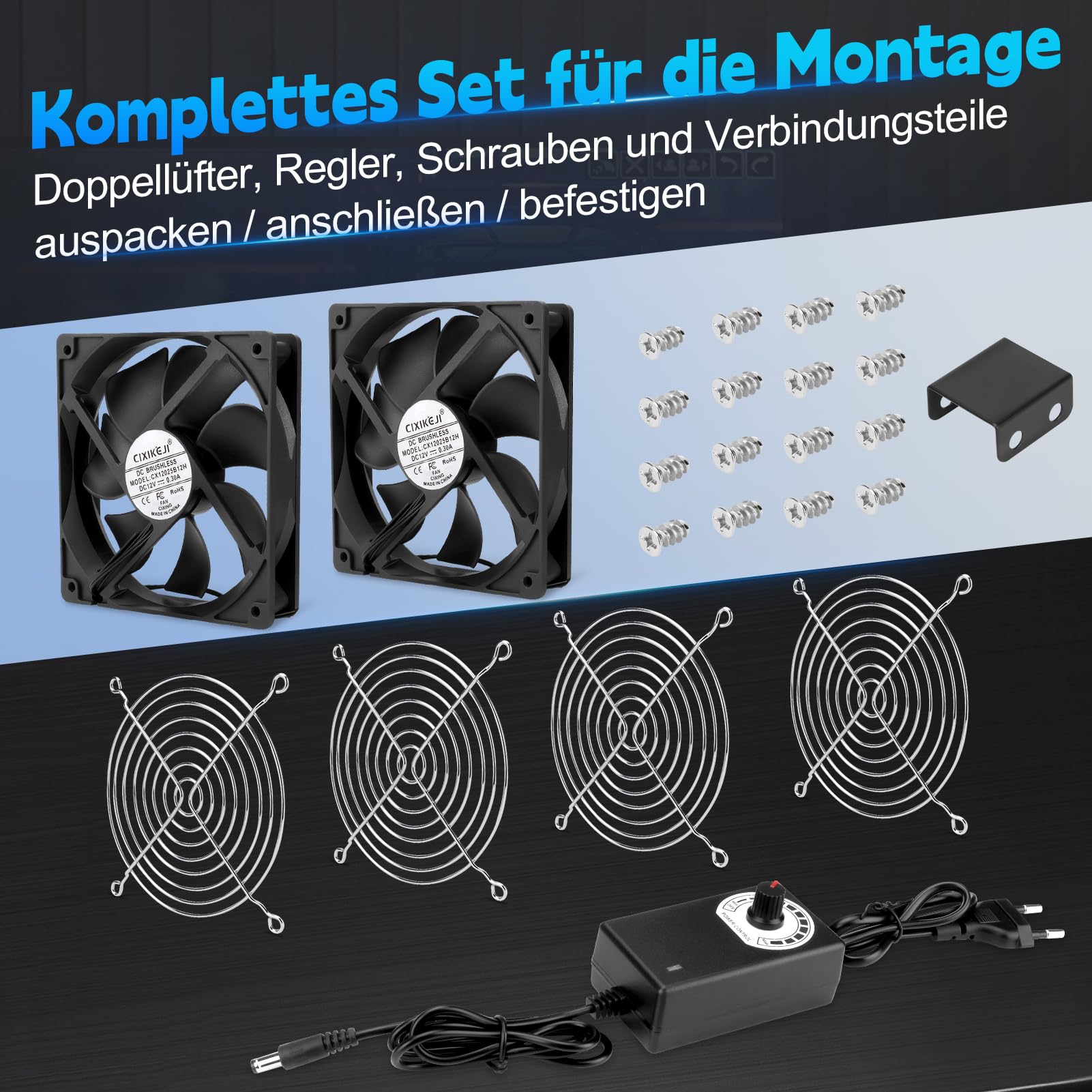 240 mm Doppelluefter, 2 x 120 mm 12 V Gehaeuseluefter Lüfter mit stufenlosem Drehzahlregler, Metall-Schutzgitter, fuer PC, Router, Netzteil