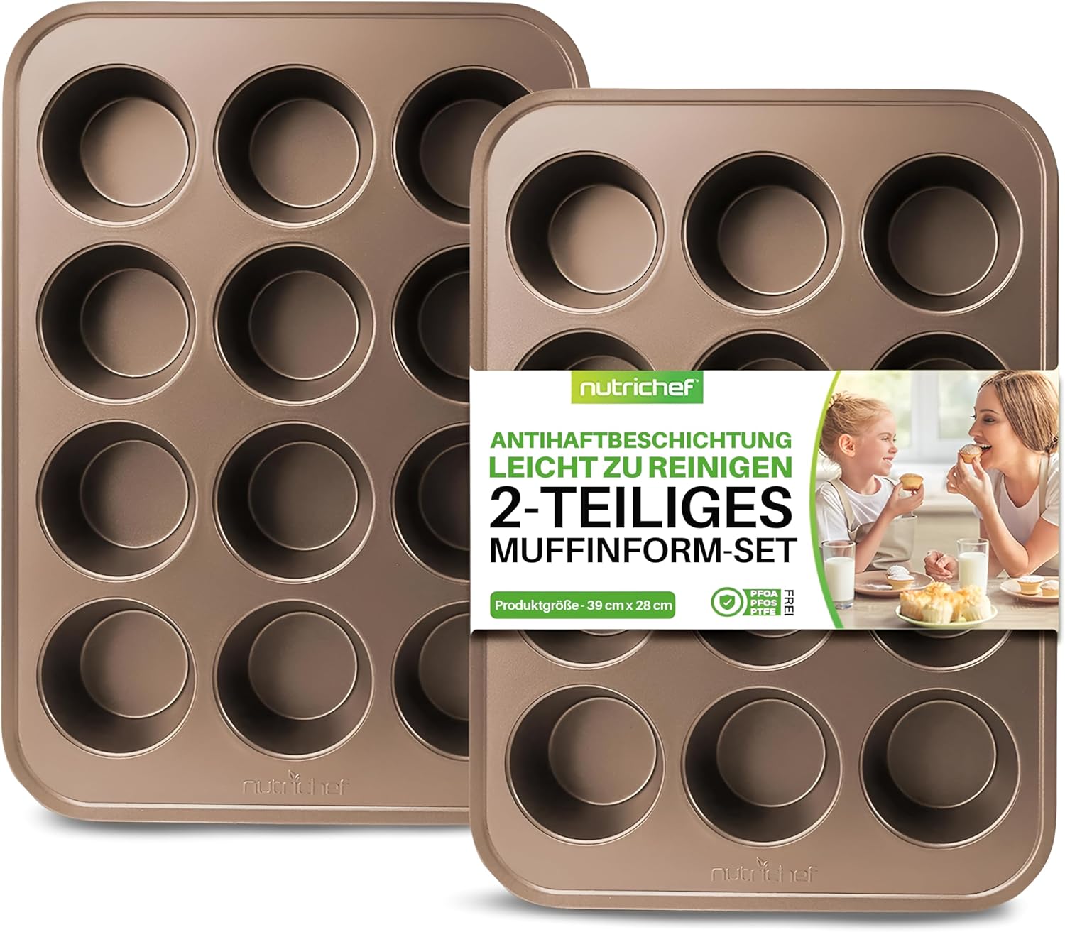 NutriChef 12 Cup Nonstick Muffin Pans for Cupcakes, 2-Piece Cupcake Mould, Non-Toxic Carbon Steel Stackable Cup Cake Tray, Dishwasher Safe, Easy Release, Easy clean - Gold