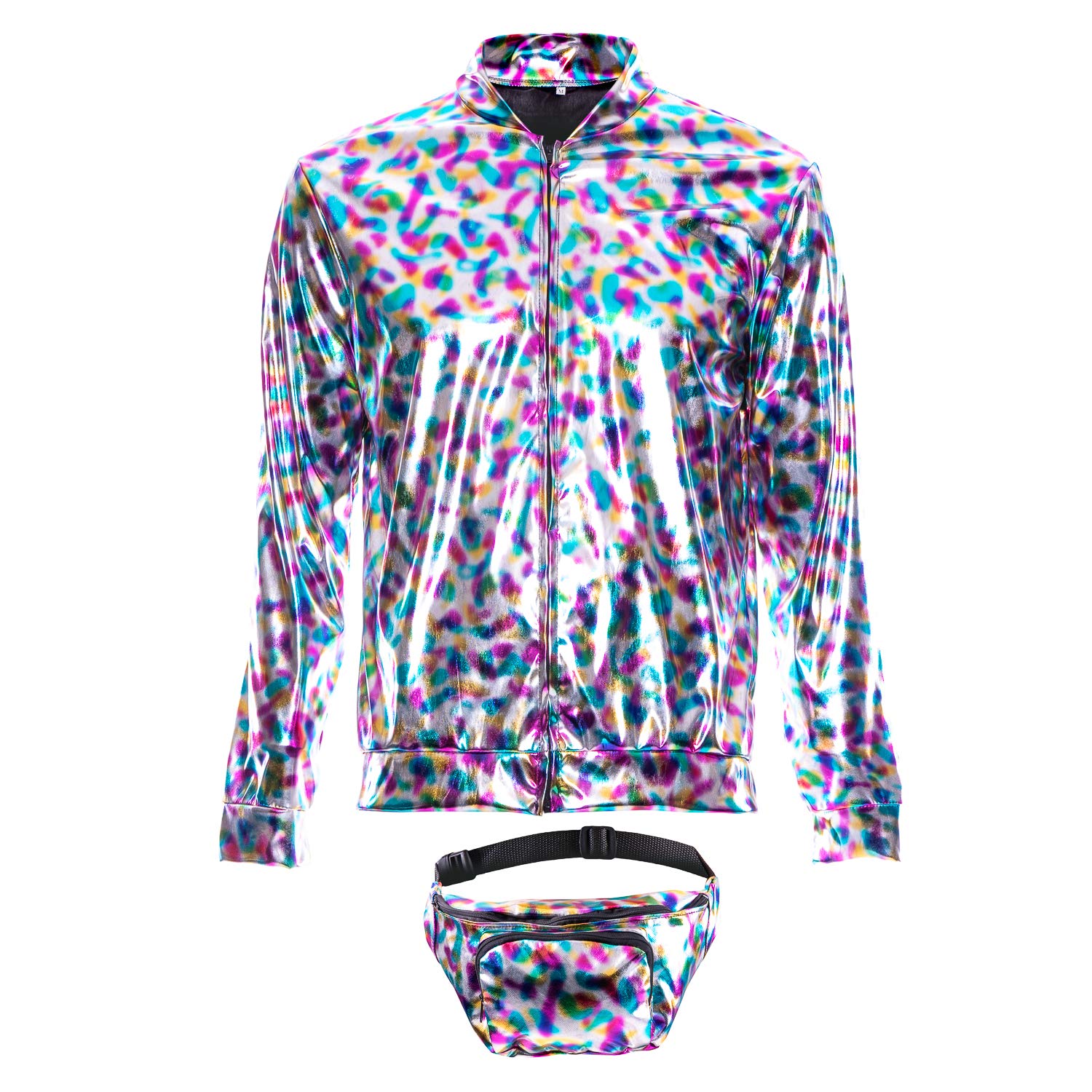 SoWest Adults 70s Holographic Bomber Jacket with Bumbag – 80s 90s Foil Metallic Rave Zip-Up Front Jacket | Shiny Fancy Dress Festival Outfit for Disco, Hip Hop & Retro Party Themes, Rainbow - Small