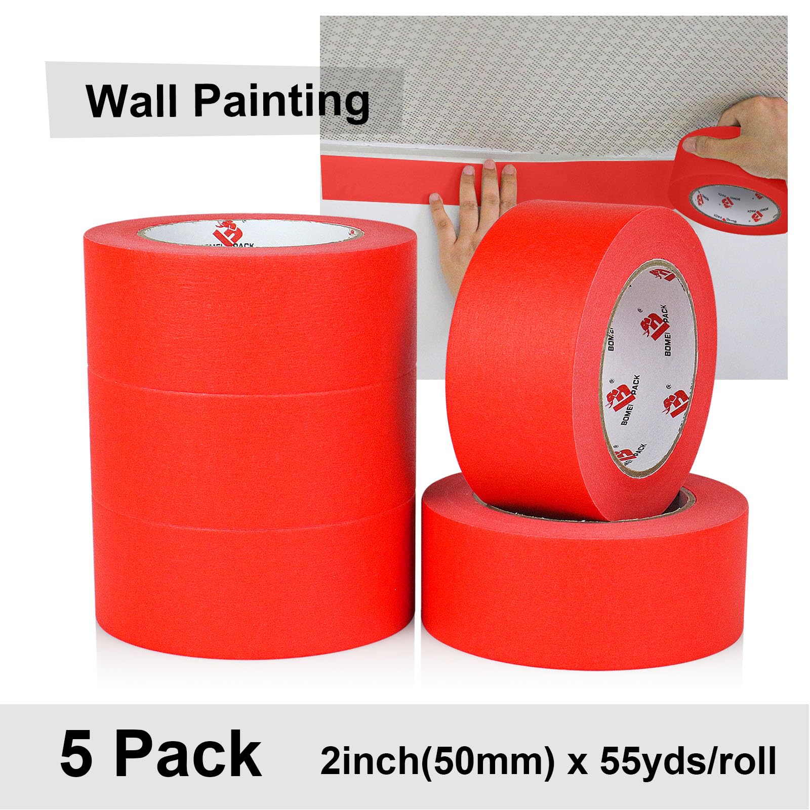 BOMEI PACK 5 rotoli di nastro adesivo per pittori, larghezza 5,1 cm x 50,1 m, nastro coprente per pittura, etichettatura, fai da te, decorazioni e progetti scolastici (rosso)
