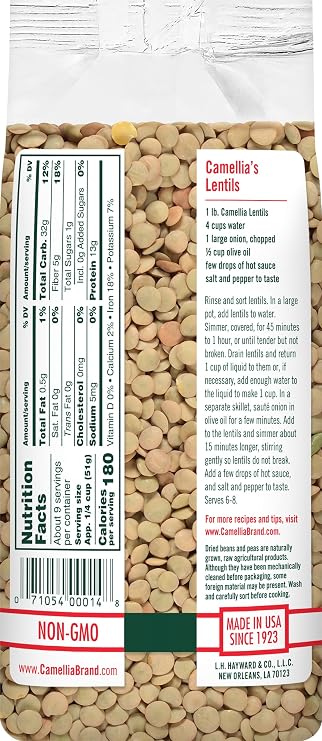 Camellia Brand Dried Lentils Premium Non-GMO Dry Lentils Peas, High Protein Plant-Based Food for Soups, Stews, Salads, Curries, Beans, Meal Prep, and Healthy Vegetarian & Vegan Cooking, 1 Pound (Pack of 6)