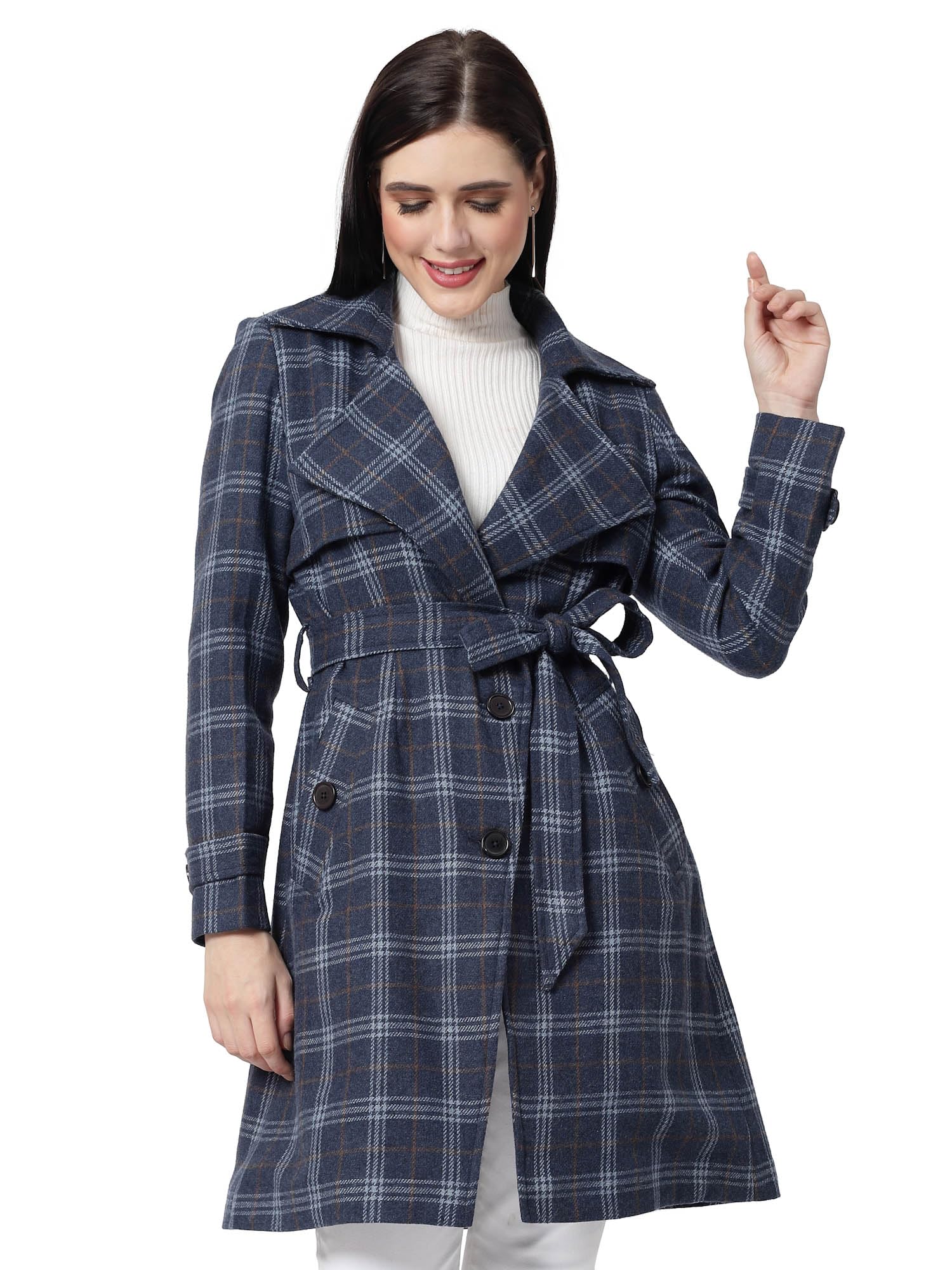 owncraft women blue double breasted wool check coat-picture-26