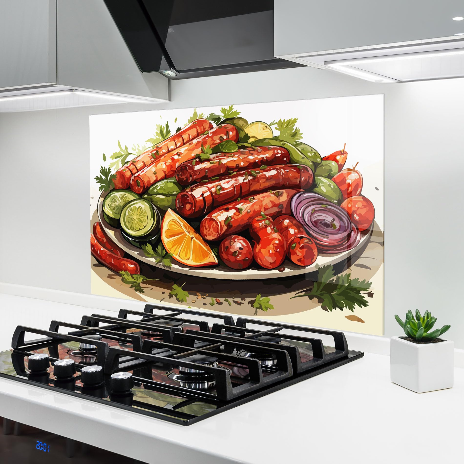 ARTHUB® Küchenrückwand aus Glas 50x70 cm, Tasty Sousages | Spritzschutz, Fliesenspiegel, Glasplatte, Herdspritzschutz, Wandschutz für Herd, Küche, Hartglas, Lebensmittel, Essen