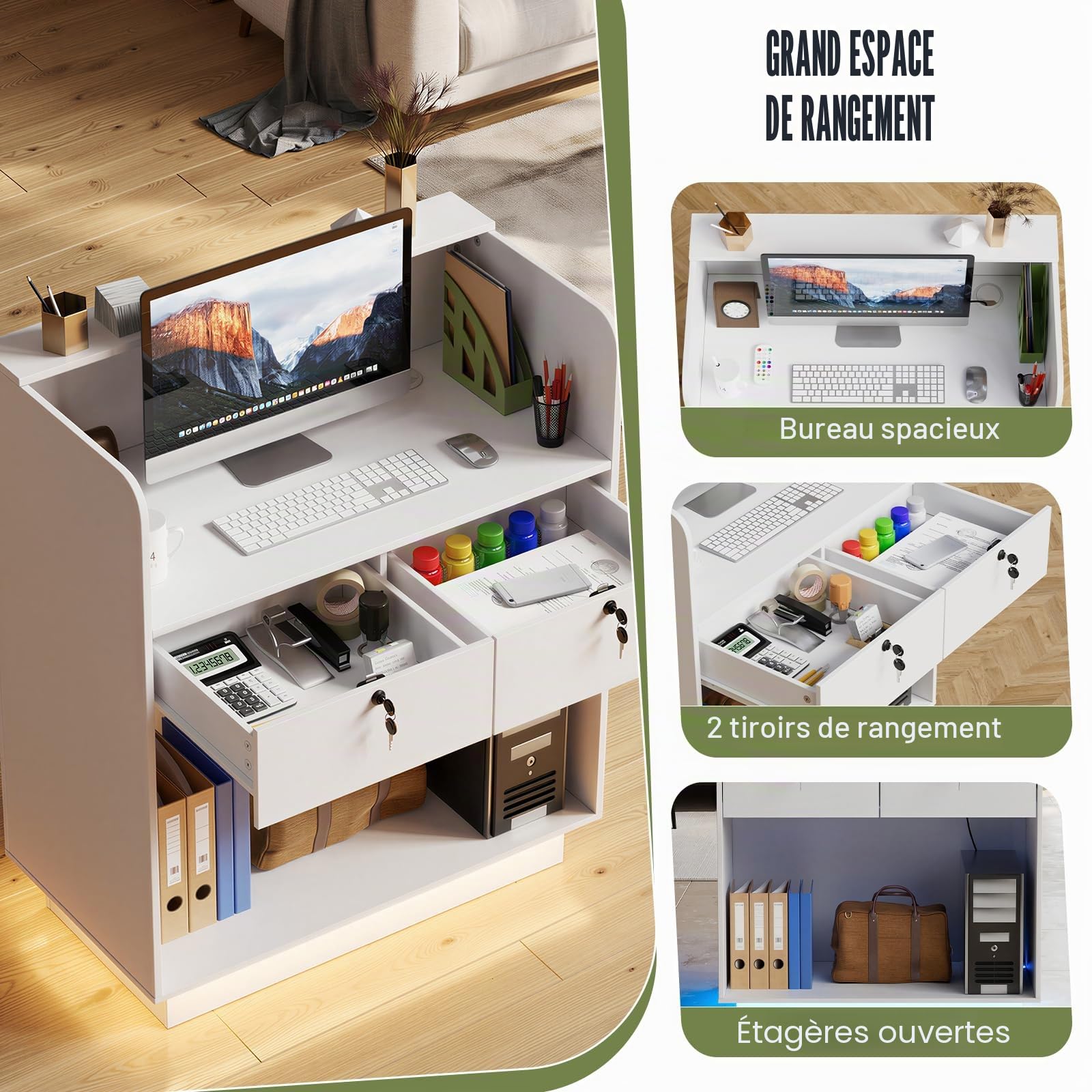 MSFE Comptoir Réception avec LED, Petit Comptoirs Caisse avec Tiroirs Verrouillables, Comptoir Accueil, Simple Moderne Mobilier de Bureau d'accueil pour la Maison, Le Bureau, Le Salon,103X80X45cm