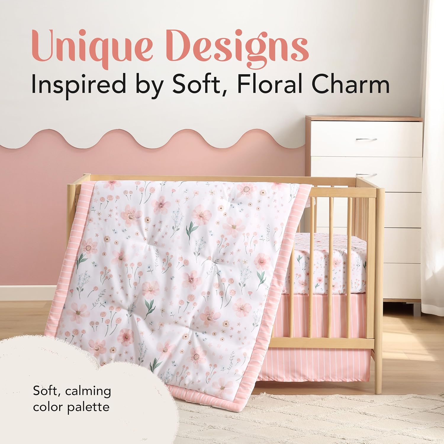 The Hōmistry 3-Piece Crib Bedding Set for Girls - Reversible Quilt, Fitted Sheet, Crib Skirt - Soft, Breathable & Durable Microfiber Baby Crib Bedding Set - Floral Theme