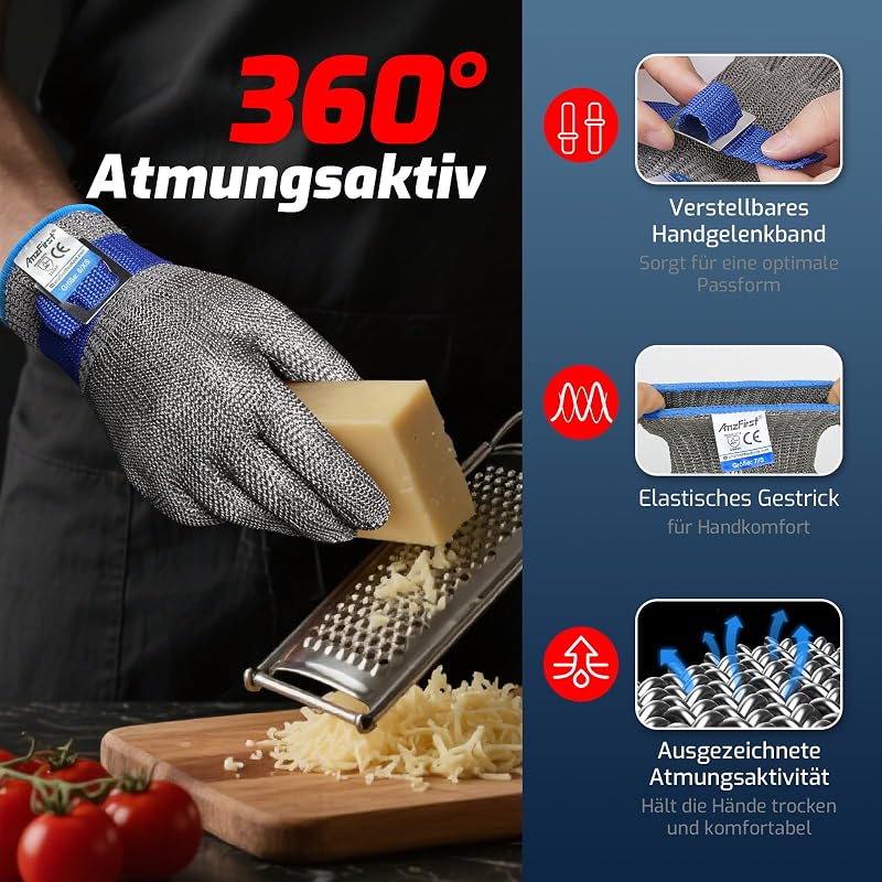 AmzFirst 9-es Szintű Vágásálló Konyhai Kesztyű - Rozsdamentes Acél Hálós Védőkesztyű Mandolinhoz, Húsvágáshoz, Kék Csuklópánttal, XL Méret