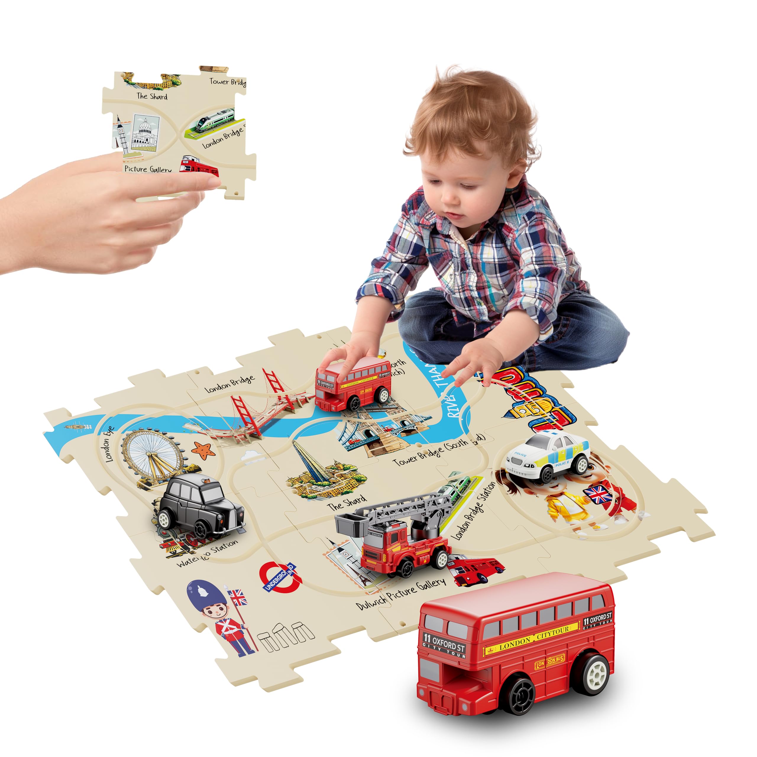 Educational Puzzle Track Set | Learning Game For Kids | London Map Track Set Game for 3+ ages with London Bus, Fire Engine, London Taxi, Police Car (South London with London Bus)