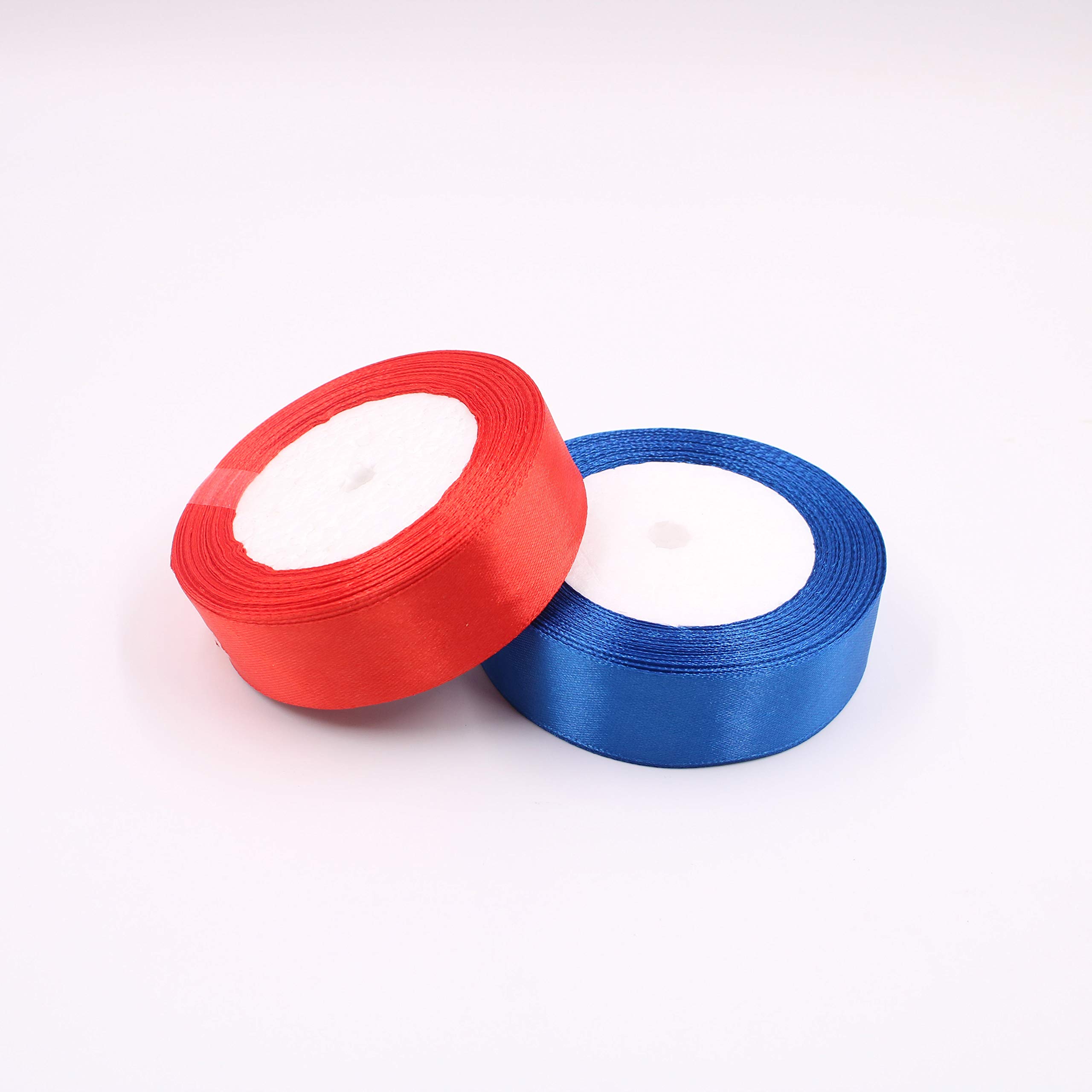 Hoyoo 1 Inch Satin Ribbon Solid Color Polyester Ribbons 50 Yards 2 Rolls/Pack (Red/Royal Blue, 1 Inch)