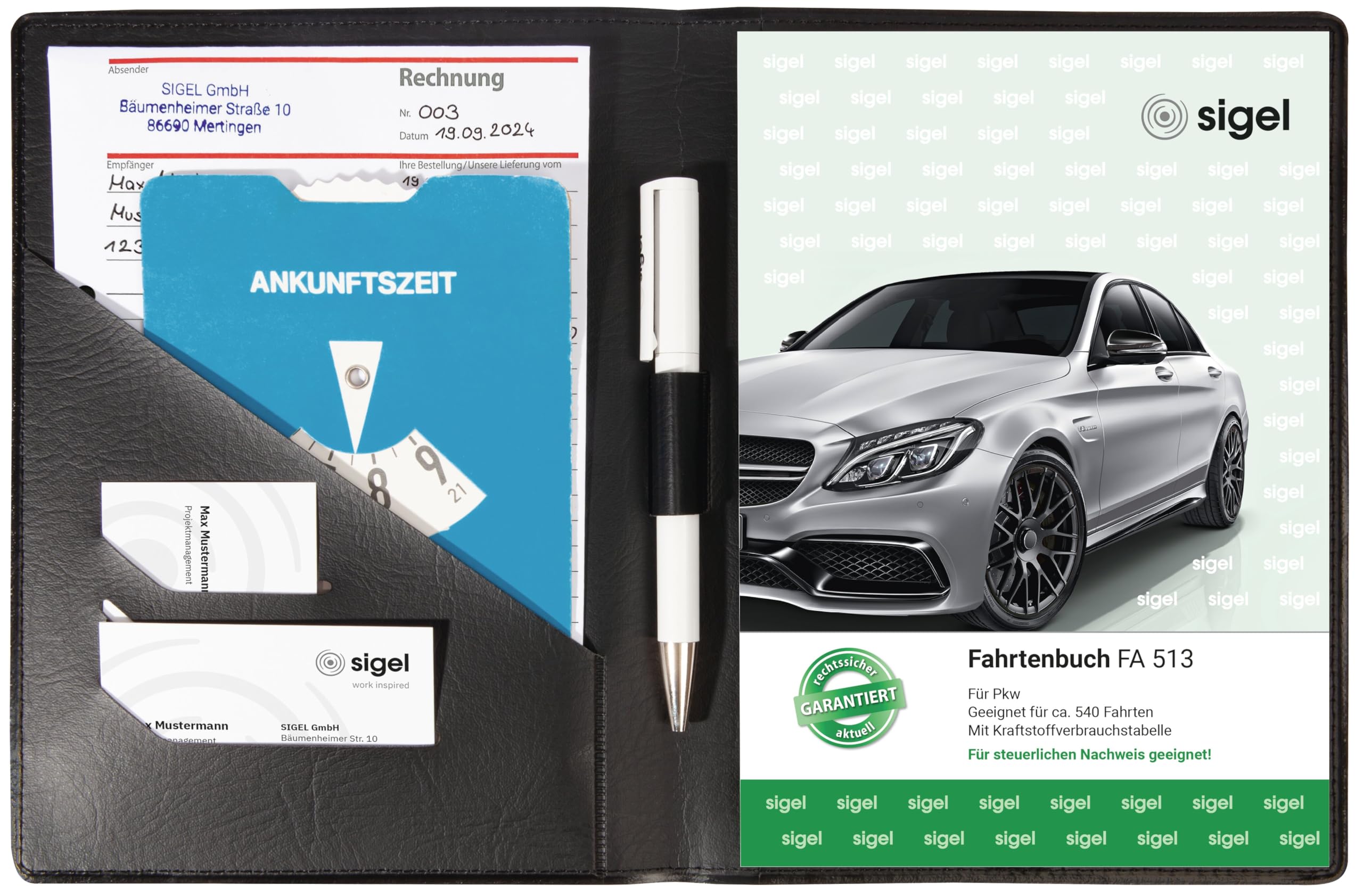 SIGEL EF510 Schutz-Einband für Formulare A5 (z. B. Fahrtenbuch, Rechnung, Lieferschein), mit praktischen Einstecktaschen für Belege und integriertem Stifthalter, schwarz