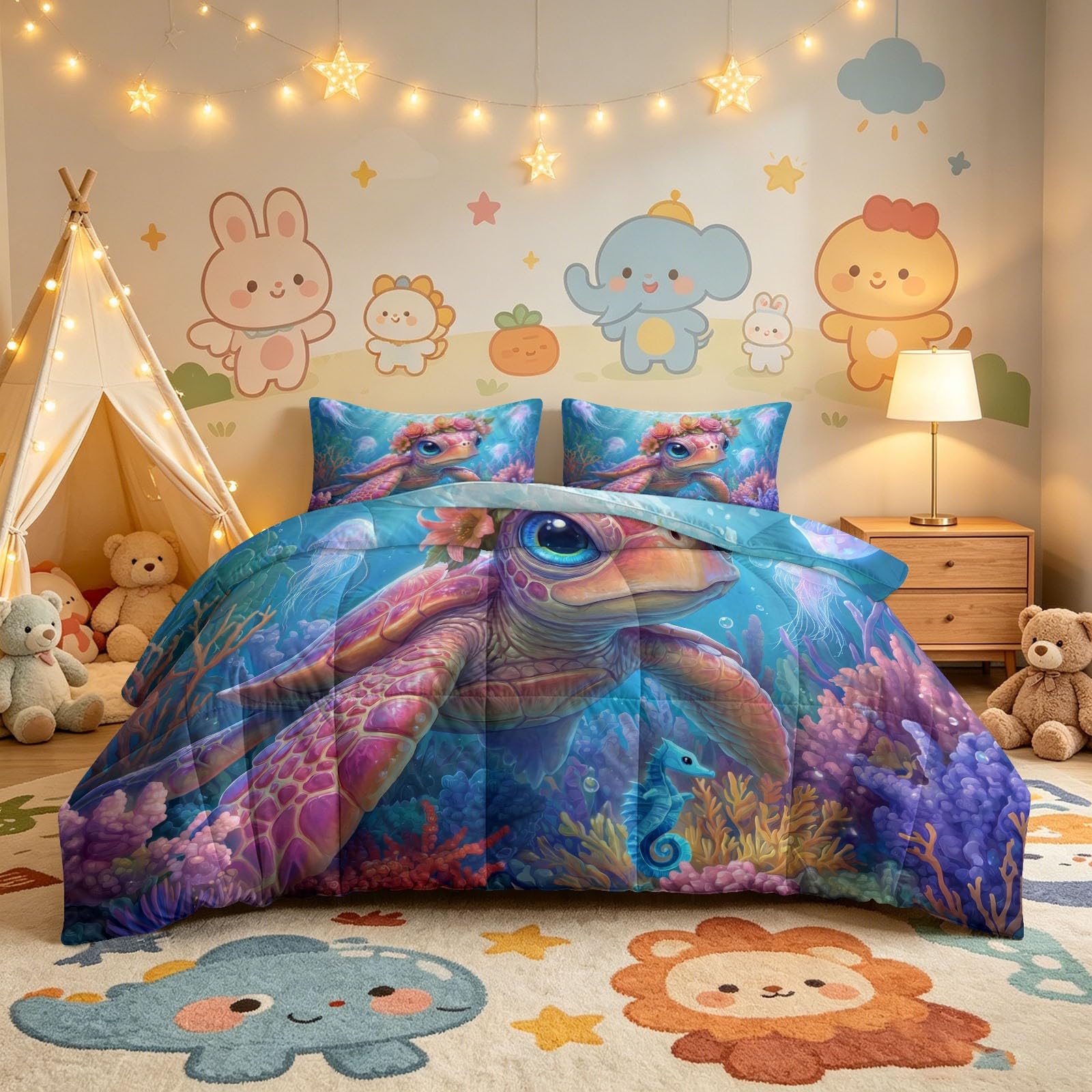 Sommerdecke ohne bezug 155x220 cm Blau Cartoon Tier Blumen Antiallergisch Leichtsteppbett & Ganzjahresdecke - Waschbar mit 2 Kissenbezügen Meeresschildkröte Blumenkranz Weiche und Atmungsaktive Wende