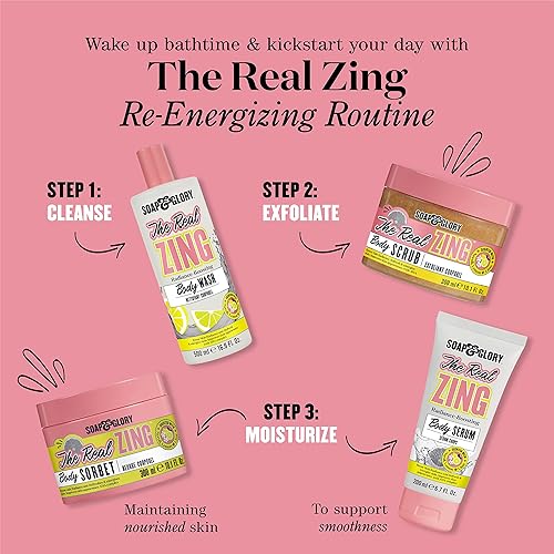 Miniatura 7 de Soap & Glory The Real Zing Body Scrub - Exfoliante de azúcar suavizante y pulidor, esmalte corporal con aroma a cítricos y limón, exfoliante de sal