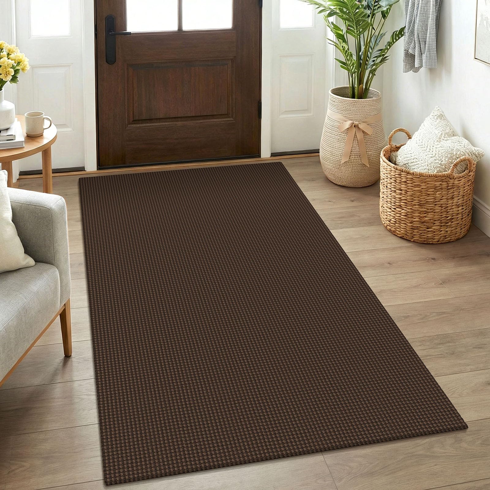 KOZYFLY Rugs for Entryway 3x5 ft Washable Area Rug Non Slip Rubber Backed Entry Rug Woven Indoor Door Mat Cotton Kitchen Rugs Floor Carpet for Entryway, Foyer, Backdoor, Reddish Brown/Coffee — image 1