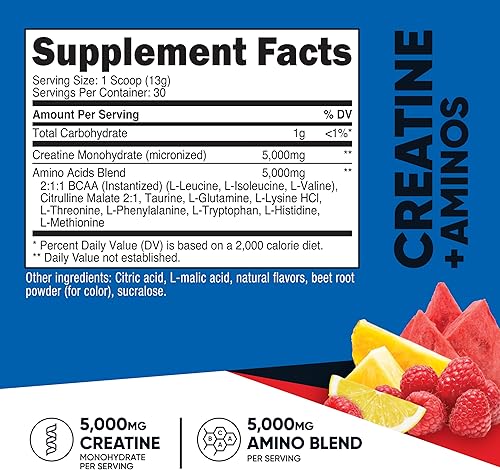 Miniatura 2 de Nutricost Creatina + Aminos 30 porciones (sabor a ponche de fruta)  5,000 mg de monohidrato de creatina + 5000 mg de mezcla de amino BCAA por porción