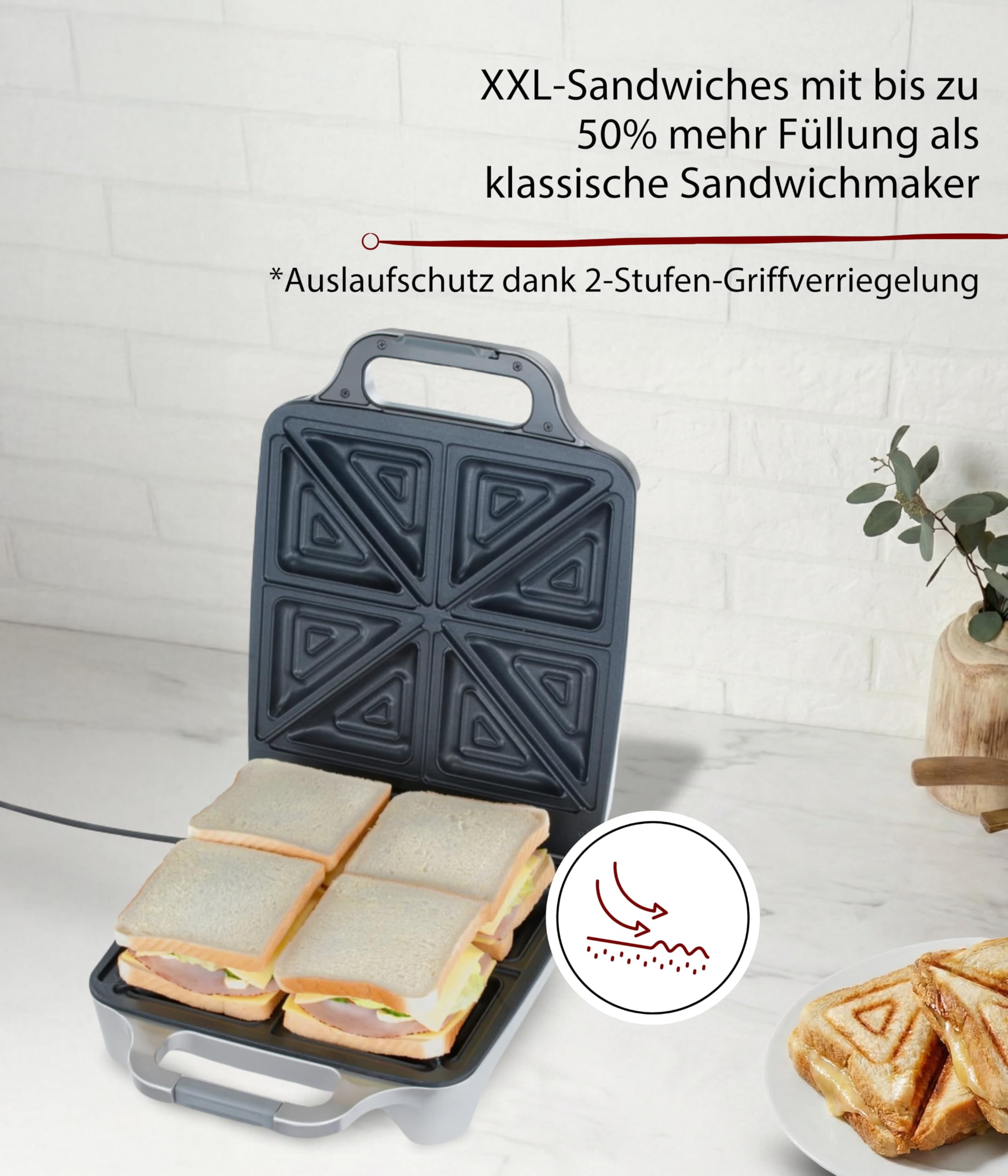 Cloer 6269 Sandwichmaker XXL, 1800 W, für 4 Sandwiches, American Toast, XXL-Füllung, optische Fertigmeldung, Silber