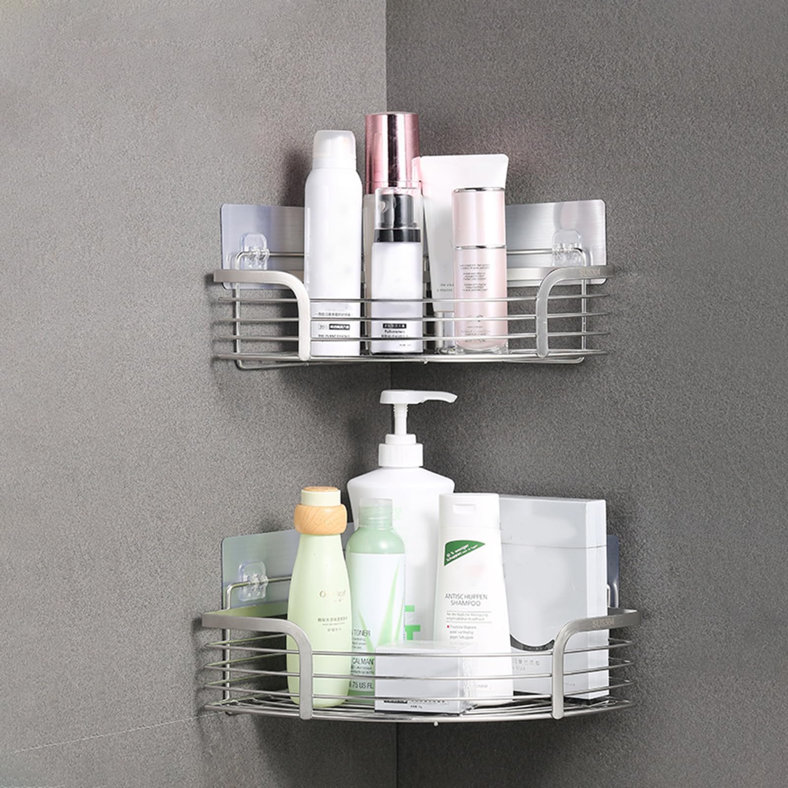 SHINEOFI Estante de Ducha Esquinero de Acero Inoxidable 304, Pequeño 20 Cm con Barra Alta, Organizador Adhesivo sin Taladro para Baño, Almacenamiento para Champú y Gel, Diseño Drenaje