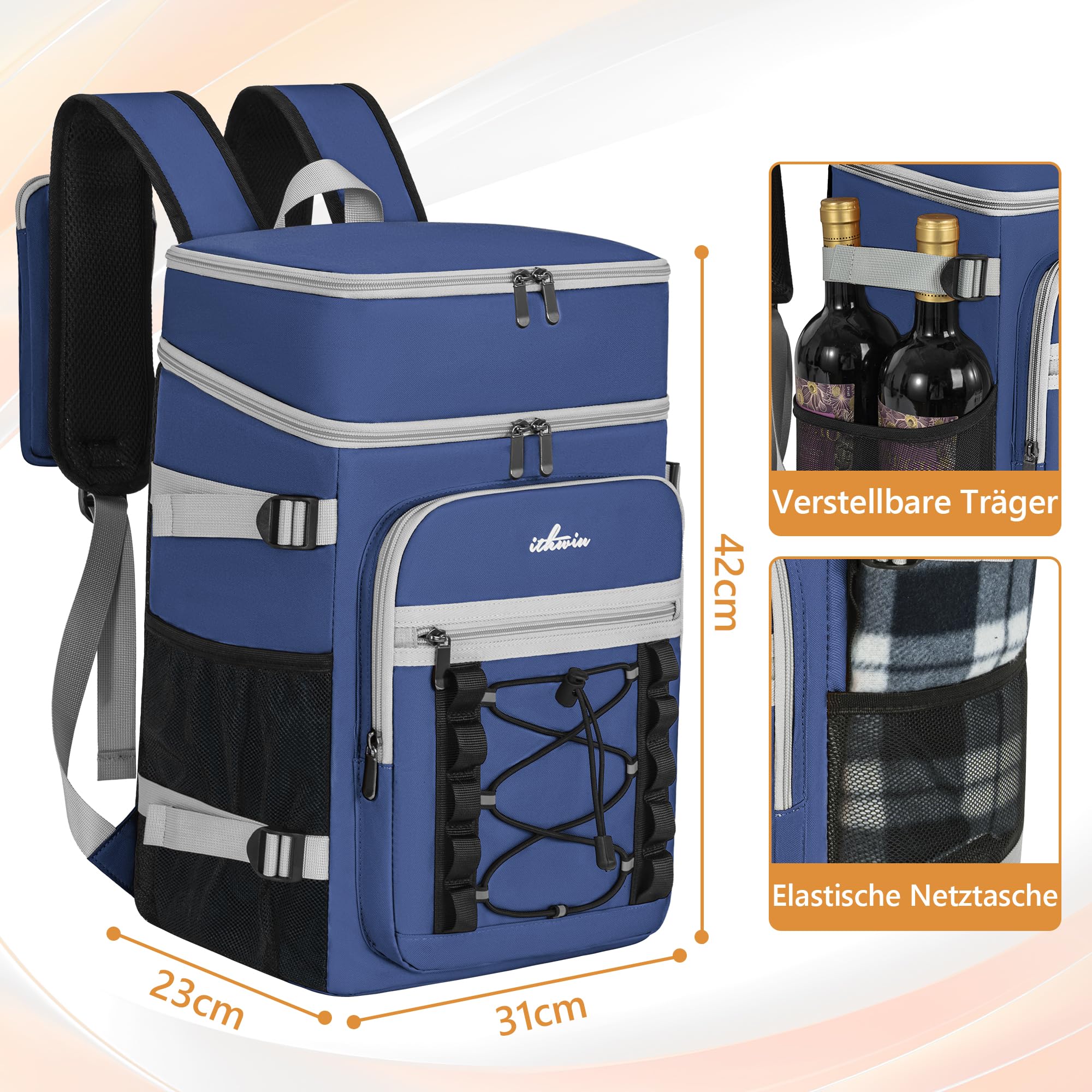 Zaino isotermico a doppio scomparto – grande capacità 30 l per refrigeratore morbido, borsa da picnic con frigorifero portatile, ideale per picnic e campeggio (blu)