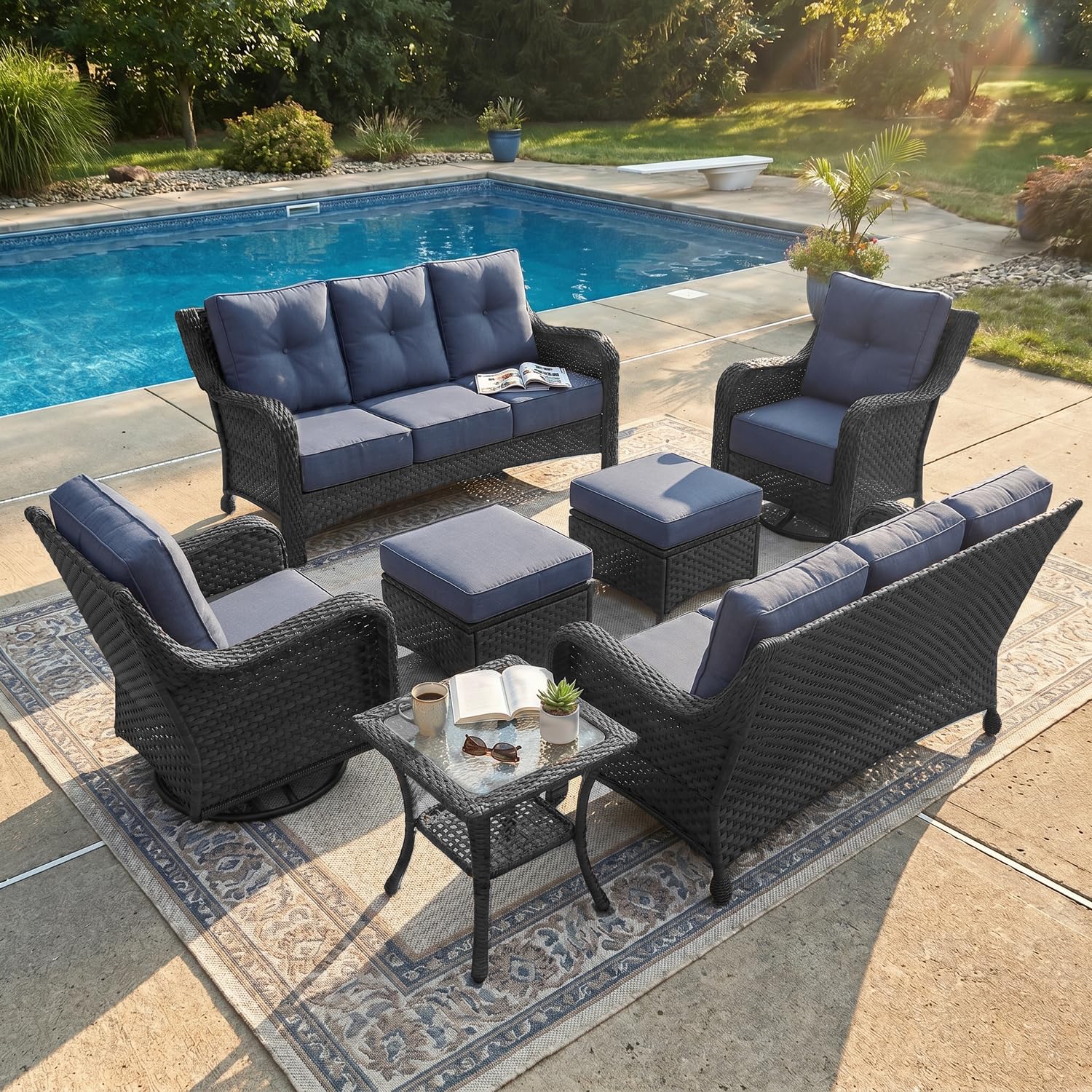 LayinSun 7 Piece Wicker Outdoor Furniture Set with 6-inch Comfy Cushions