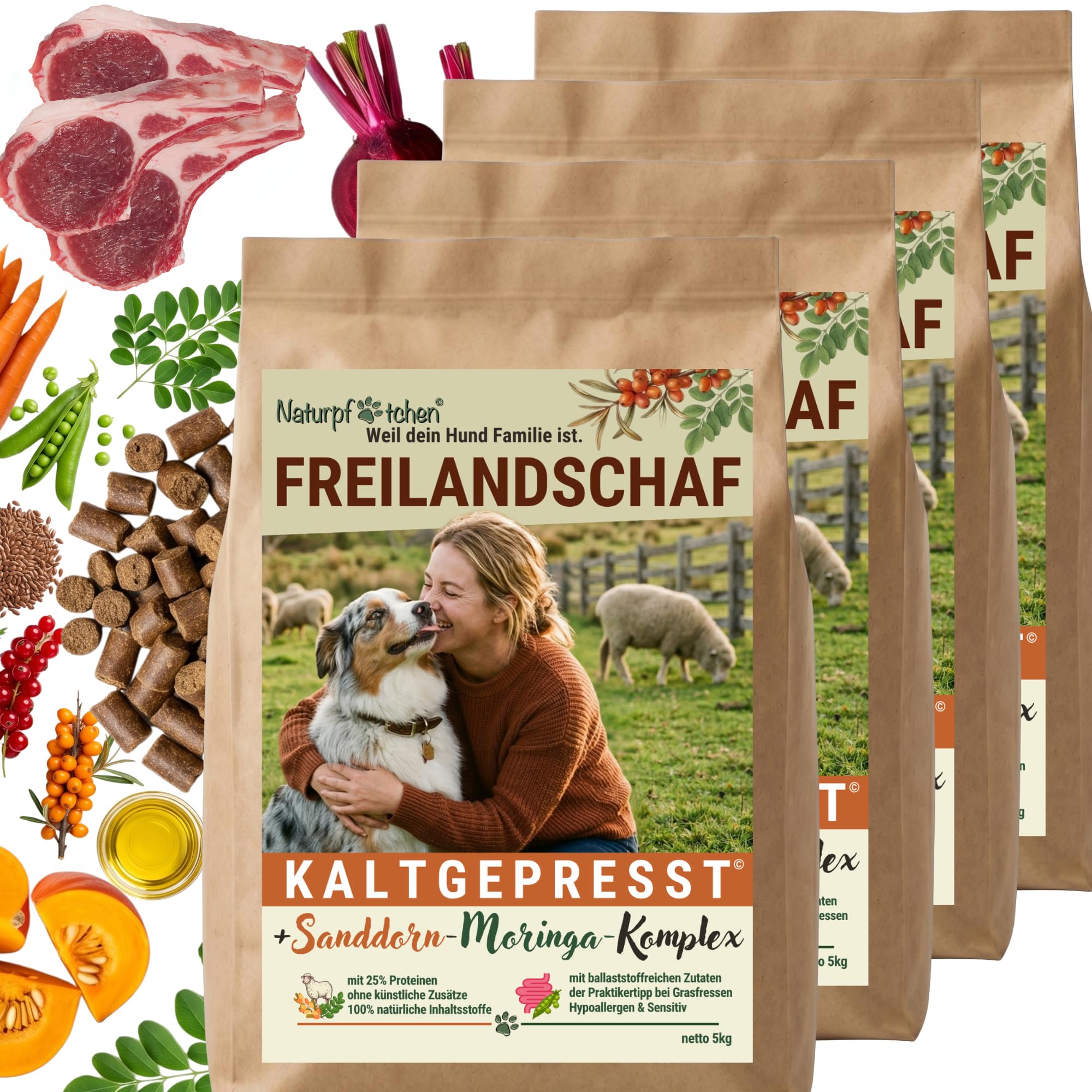 Freilandschaf 4x5kg - kaltgepresstes Trockenfutter - 25% Protein - mit Sanddorn & Moringa – hypoallergen - Ballaststoffreich für eine natürliche Darmunterstützung