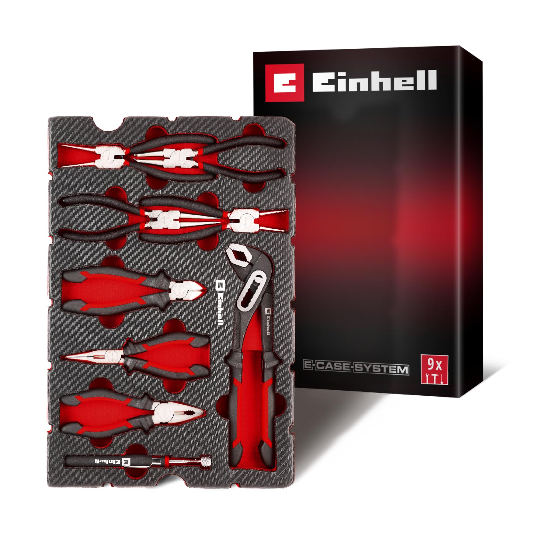 Einhell Zangen-Set Pad Zangen 9-tlg. – Sprengringzangen-Set, Wasserpumpenzange, Kombizange, Telefonzange, Seitenschneider, Teleskop-Magnet, E-Case-System