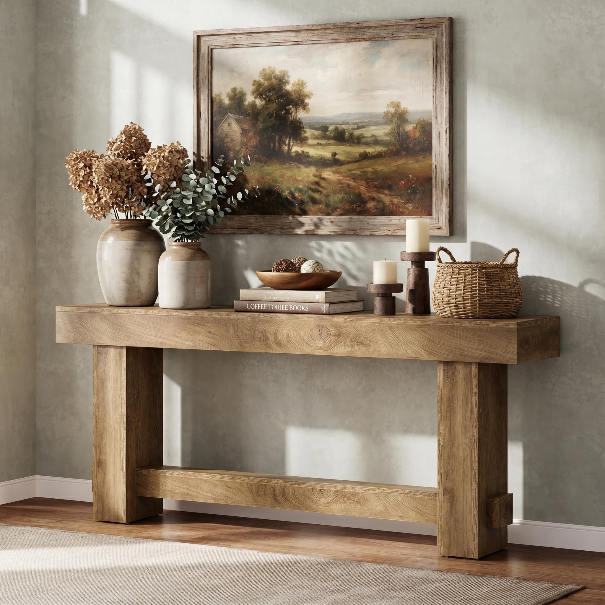 Photo 1 of Tribesigns 70.9" Entryway Console Table, Extra Long Wooden Farmhouse Sofa Table Behind Couch, Modern Rustic Foyer Stand with Thick Legs for Hallway, Living Room, Wood Grain Finish