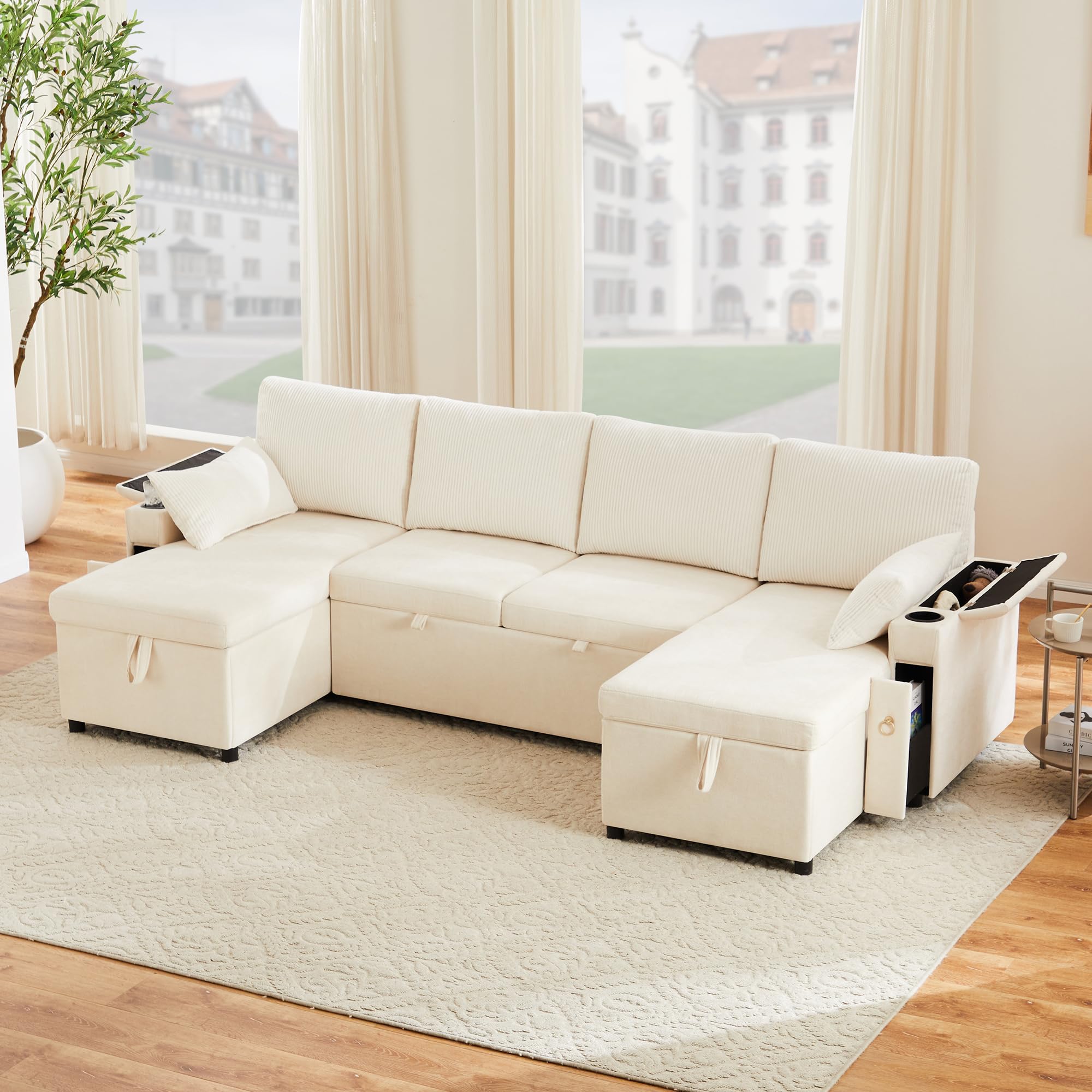 Sofá de esquina en forma de U de terciopelo acanalado con cama para invitados extraíble, sofá moderno de 4 plazas con compartimento de almacenamiento, portavasos y función de cama, asiento tipo chaise