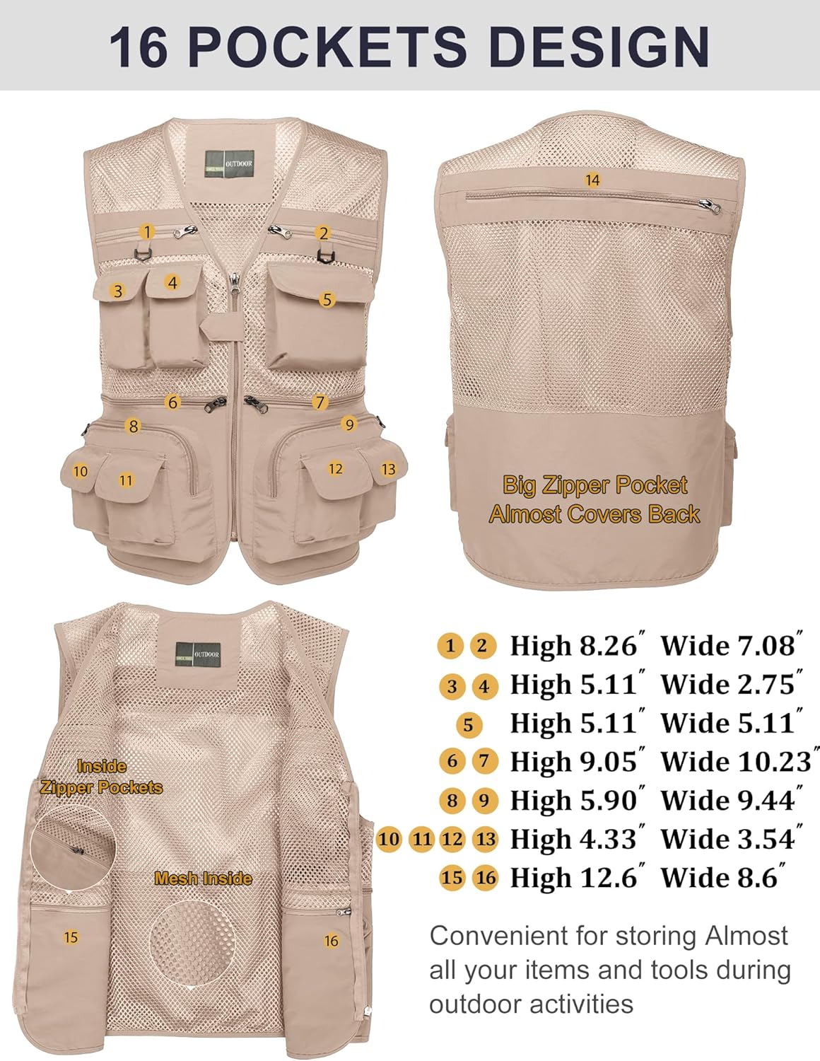 Flygo Men's Fishing Vest Utility Lightweight Outdoor Travel Safari Photo Cargo Vest with 16 Pockets - Image 4