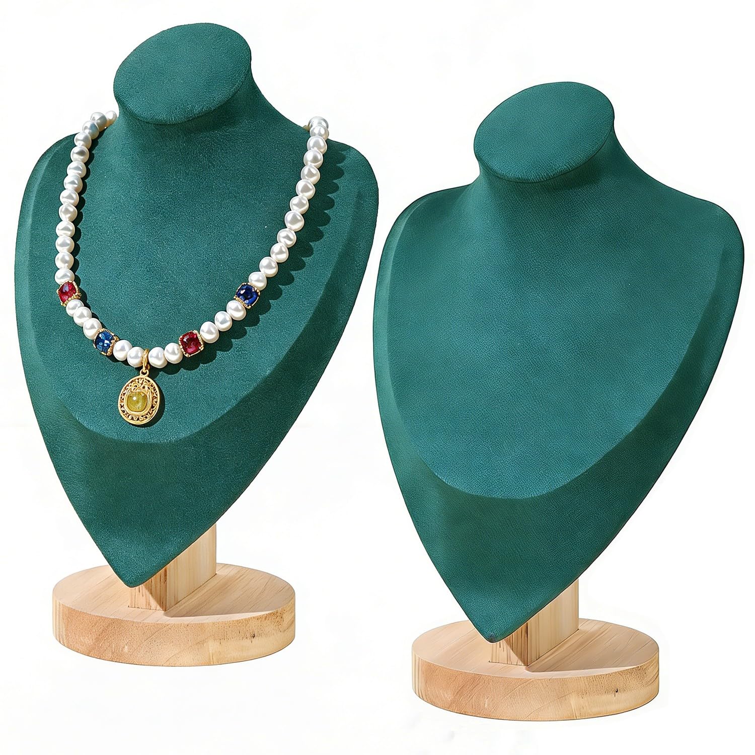 Jinavoty 2 Pcs Necklace Display Stand Velvet Jewelry Bust Display Stands with Wood Base Necklace Bust for Selling for Vendors Home Trade Organizer (Dark Green, Medium)