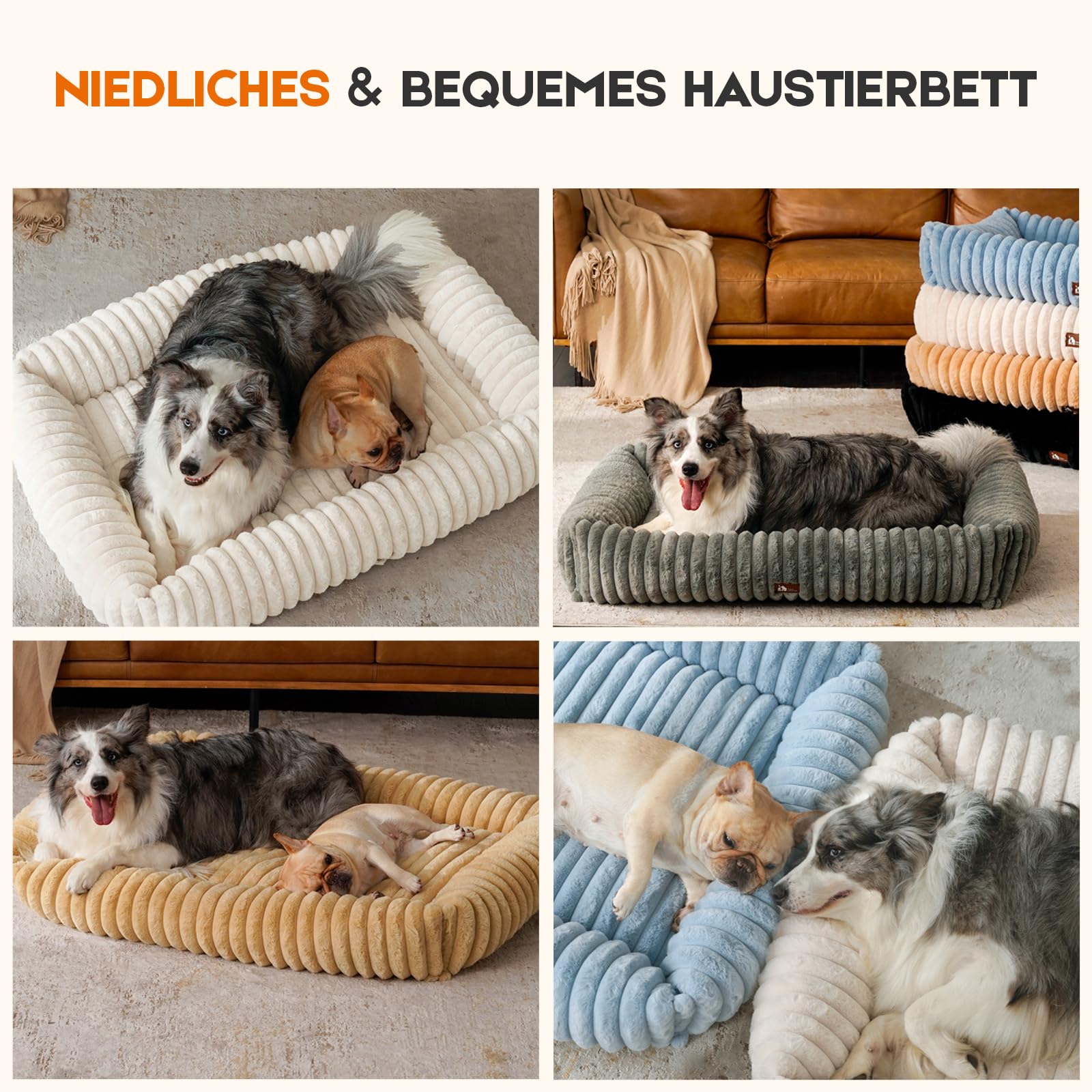Upvilla Luxusweicher Hundekorb, Katzenbett, Super Weiches Hundebett kleine Hunde, 4-seitiges Nackenkissen, Abnehmbare Waschbare Hundematte, Hundesofa mit Griffen, Haustierbett (Beige, 64 * 53 * 18cm)
