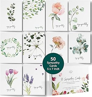 Dessie 50 Different Sympathy Cards with Greetings Inside. 5x7 Inch 50 Condolence Cards with Crisp Designs, Envelopes and Matching Floral Sealing Stickers. Multi