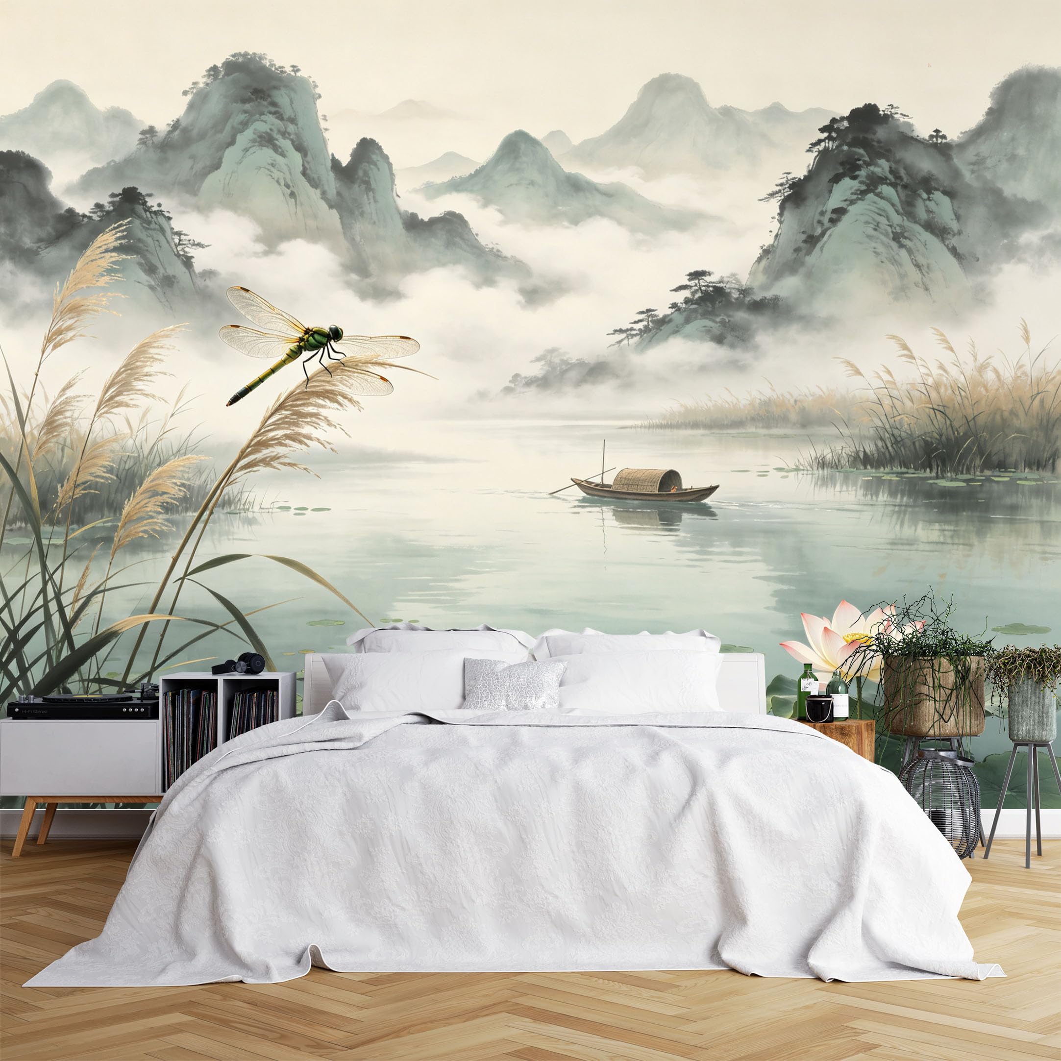 Lcythiazole Ch260615106 Custom Size Wall Murals Ink Mountain Lotus Dragonfly Boat Wall Murals Vivid Oriental Wallpaper Full Wall Self-Adhesive Removable Wallpaper For Study Room