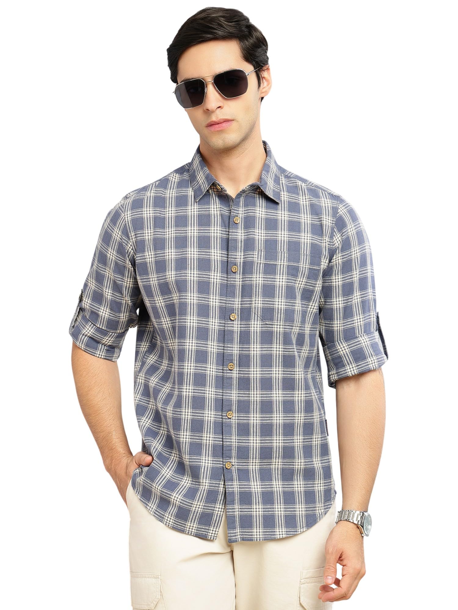thomas scott Men's Slim Fit Tartan Checks Cotton Linen Casual Shirt | Cricket Club Collection, Roll-Up Sleeves & Spread Collar-picture-27