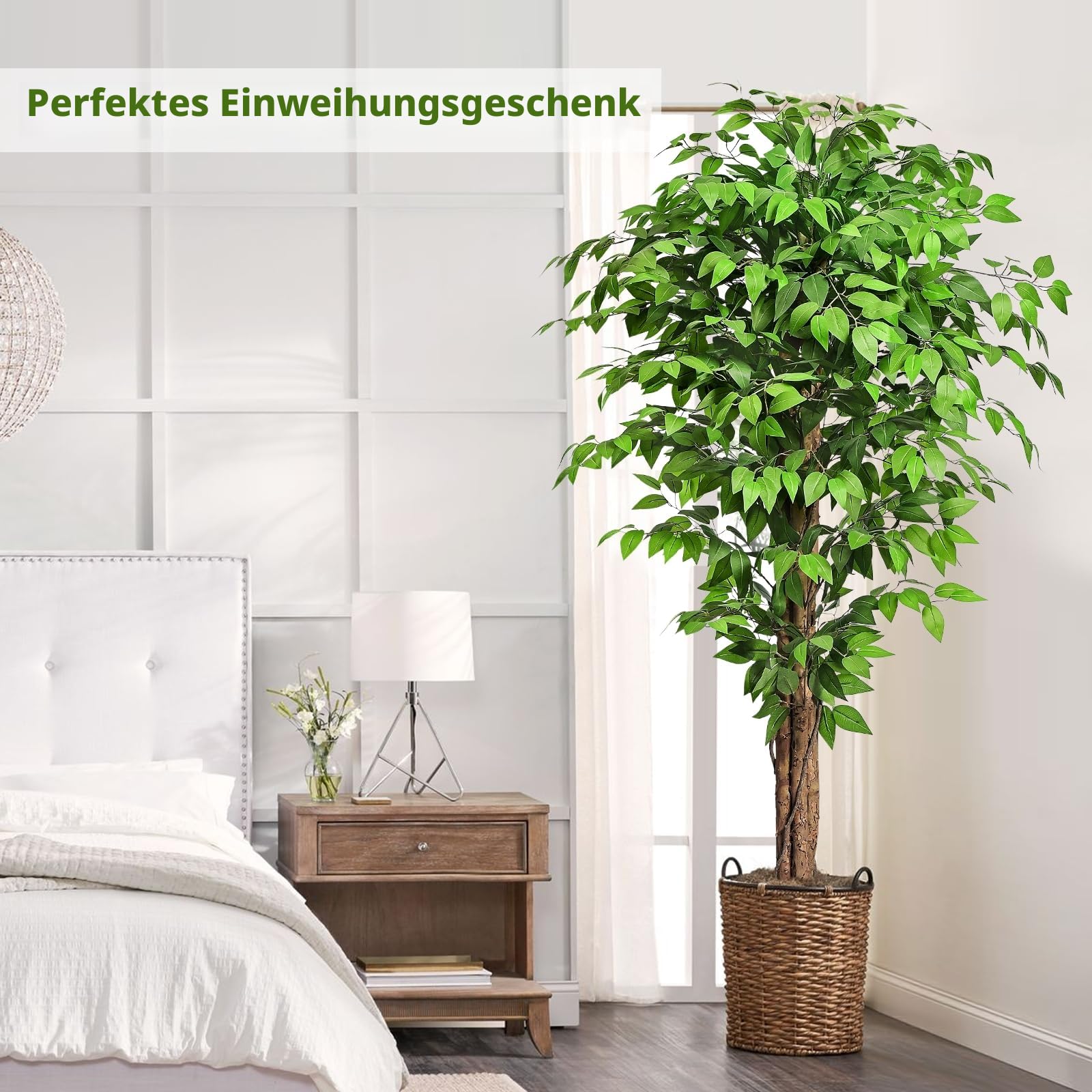 Kunstpflanze Ficusbaum 180cm, Künstliche Pflanzen groß wie echt mit Stamm aus Naturholz, Kunstbaum groß für Wohnzimmer, Schlafzimmer, Büro, Garten
