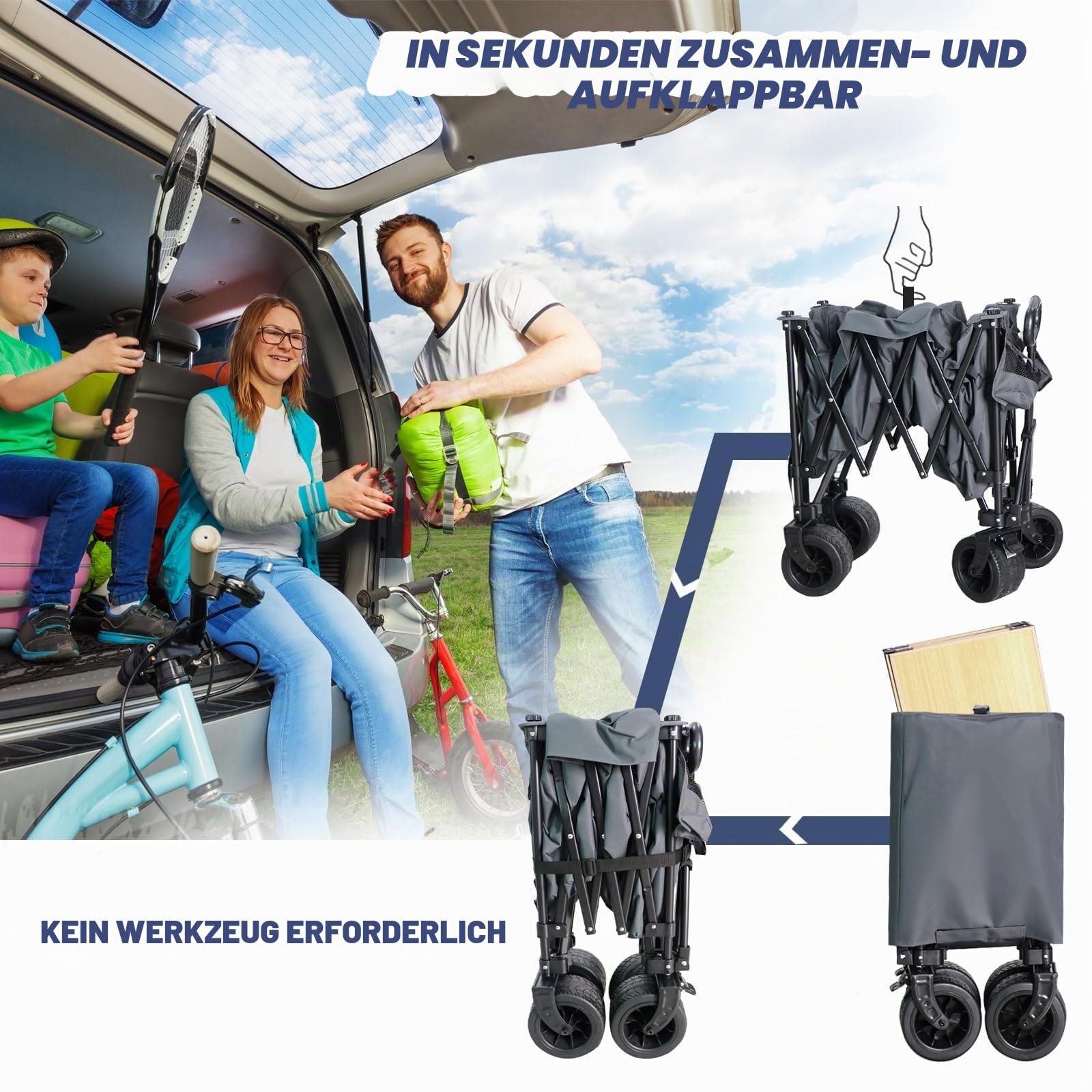 Chihee Handwagen Gartenwagen Zusammenklappbar Außenbereich Dienstprogramm Wagen,Strandwagen 220L,Hochbelastbar Tragbar All Terrain Räder Übergroße Tasche 1 klappbarer Schreibtisch 2 Getränkehalter